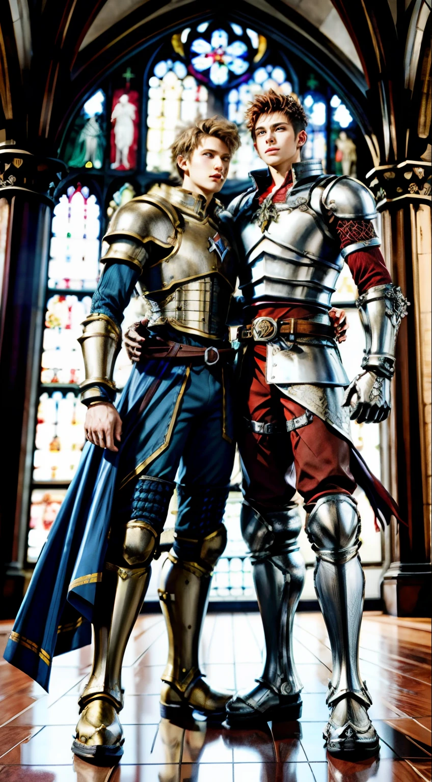 tmasterpiece， Best quality at best， 2 young men， A gay couple， Homosexuality， 2 Men， A red-haired person and another blonde person， Height difference， Different colors， apathy， Loves， Church background， Thick and messy hair，Gay，Both wear silver fantasy epic armor，Knight boots Seductive feet，Model figure，Tall，