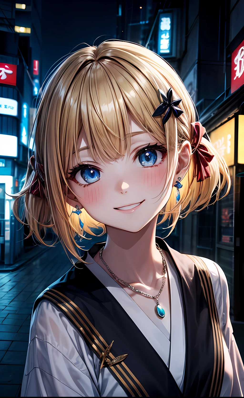 absurderes, (独奏:1.5,)ultra-detailliert,bright colour, extremely beautiful detailed anime face and eyes, view straight on, ;D, shiny_skin,25 years old, Happy smiling face、Short hair, , asymmetrical bangs, Blonde hair with short twin tails, Shiny hair, Delicate beautiful face, red blush、(Blue eyes), White skin, hair clips, earrings, a necklace, 、Black and yellow kimono、(tokyo at night)、(Lots of neon)
