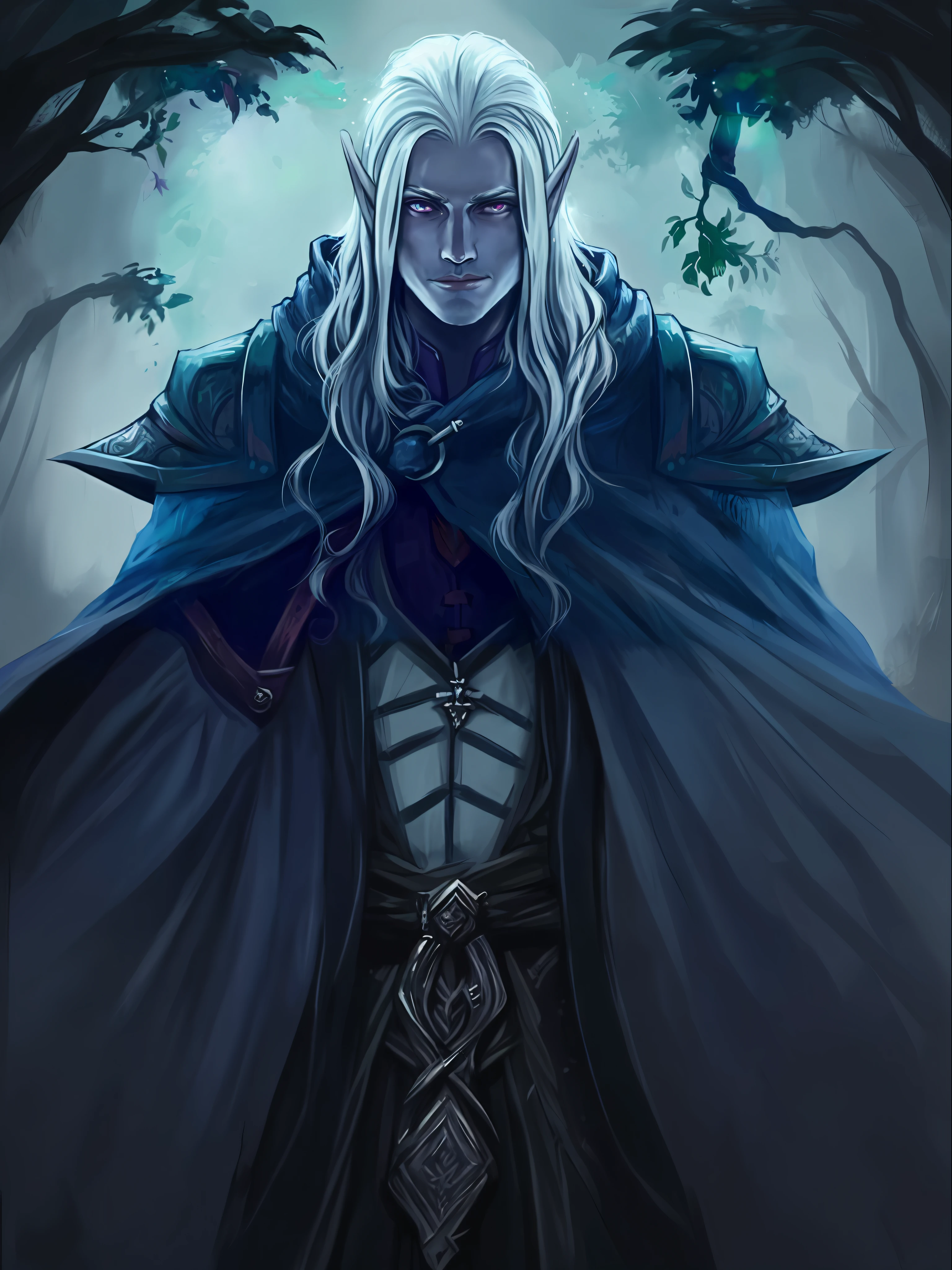 um close up de uma pessoa com cabelo comprido e uma capa, bonito Drow, Drow macho, Retrato de Drizzt Do'Urden, Um retrato de um elfo masculino, lindo Drow macho, Rio Masculino, Drow, elfo masculino de pele prateada, um elfo macho, de um elfo de anel elden, Retrato de fin wildcloak