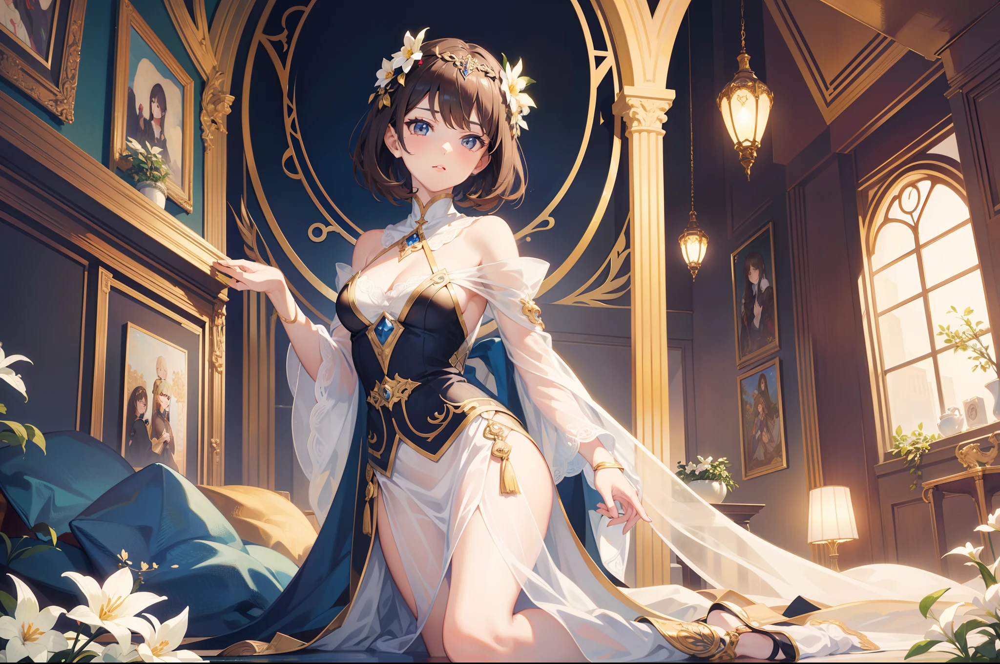 Official Art, Masterpiece European female face,elvish, short hair, lightbrown hair , brown eyes , Flower Frame ,Decorative panel , jugendstil , (masterpiece、top-quality、hight resolution: 1.4),in 8K, Drawing of a woman with short lightbrown hair, Anime Art Nouveau, highly detailed exquisite fanart, anime fantasy illustration, clean detailed anime art, detailed anime art, Sharp Focus, Delicate Beautiful Hair and Eyes and Face, realisitic, ultra-detailliert, a beauty girl,A slender,