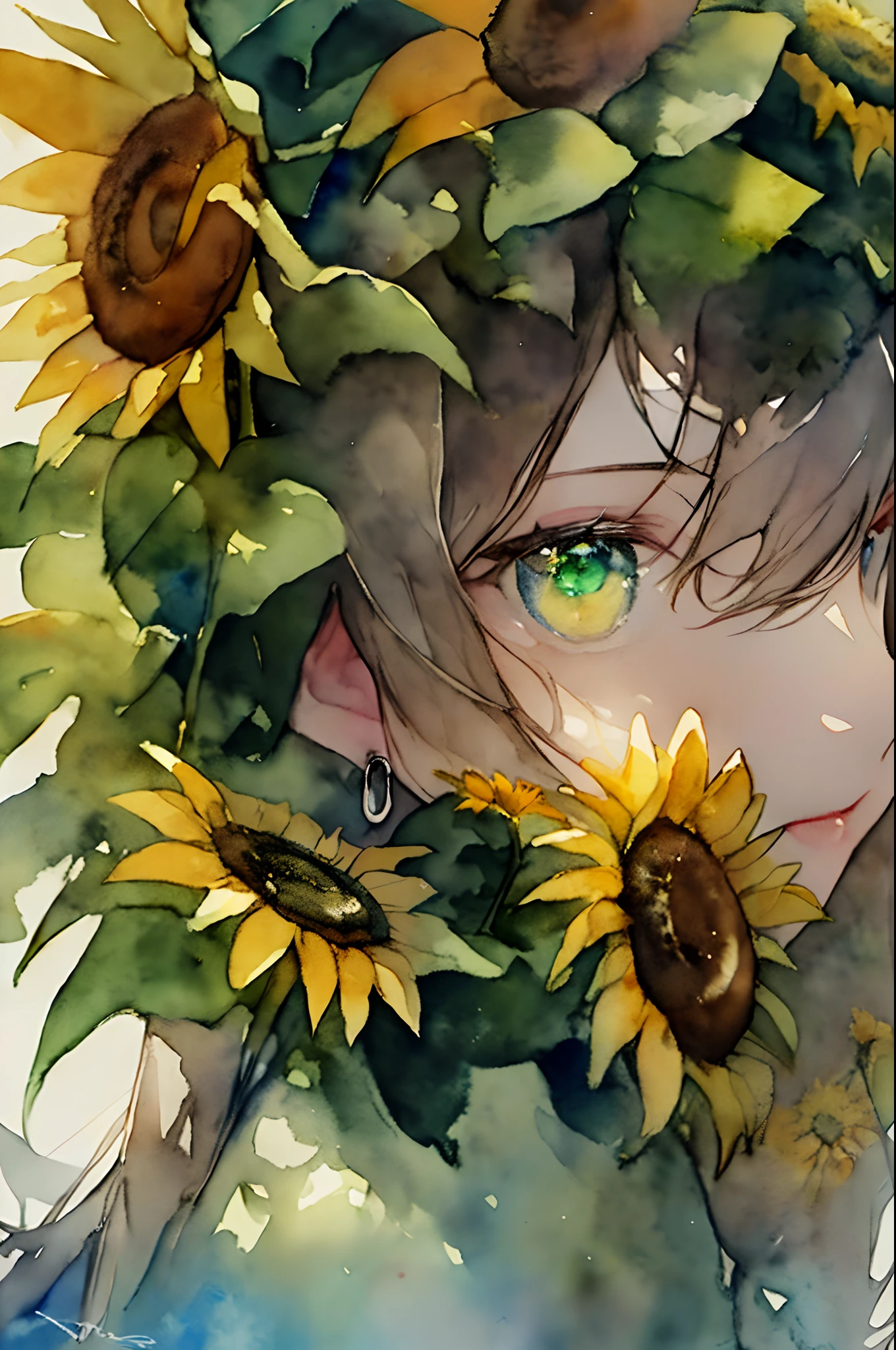 (watercolor:1.2),1girl, solo, flower, sunflower,freckles, portrait, leaf, bangs, signature, yellow flower, brown hair, long hair, green eyes, hair between eyes, flower earrings