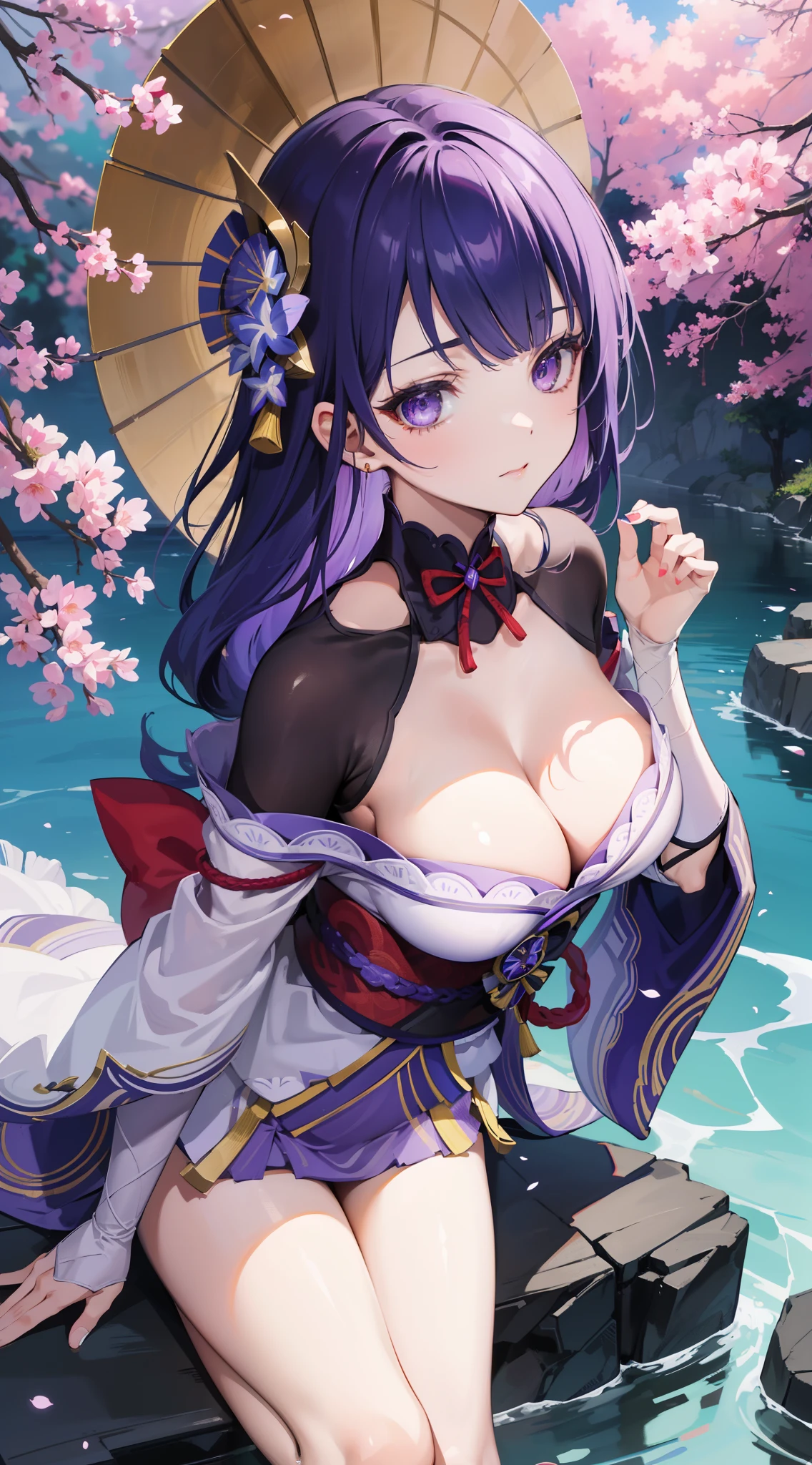 cheerfulness, Bared legs, japanese temples, (Highest quality，Masterpiece，8k wallpaper:1.2)，((Pale skin))，1girll，Solo Woman，((Genshin_impact，Raiden general))，Lightning particles，Purple thunderbolt，Bright background，the cherry trees，purple color-theme，Delicate facial features，Sexy beautiful anime girl，Raiden general，Long purple hair，rosy lips，Anime mouth，Keep one's mouth shut，A sexy mature woman，(Severely melancholy face)，Detailed eyes，busty figure