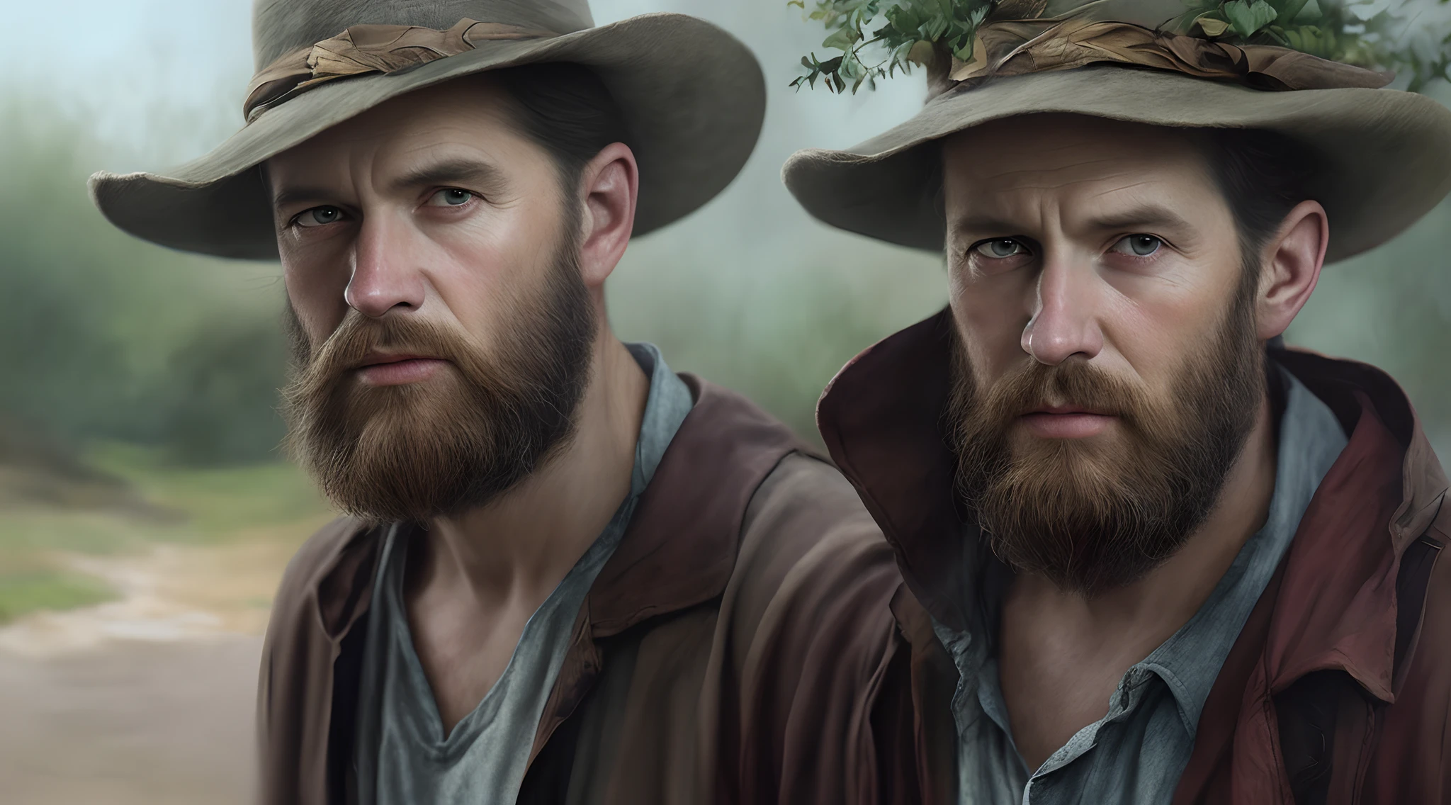 There's a man in a hat and beard looking at something, Cinematic realistic portrait, cinematic digital painting, Pintura digital muito detalhada, Pintura digital detalhada, Pintura Digital Ultra-Detalhada, Arte conceitual 4K e hiper realismo, arte conceitual de Pintura digital, baixo detalhamento. Pintura digital, Pintura digital realista, Pintura digital impressionante, Pintura Digital 8k, Pintura Digital de Alto Detalhe