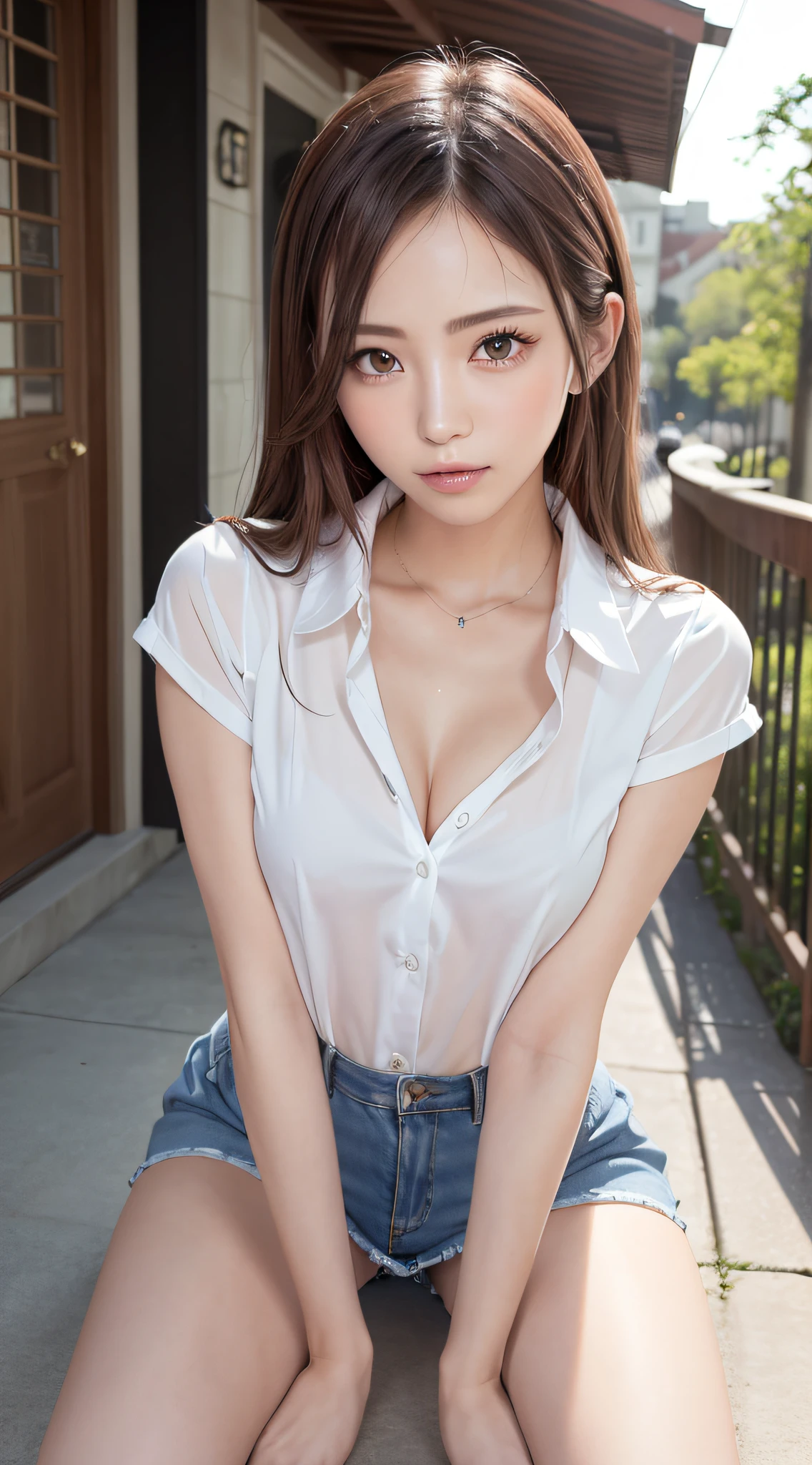 (Best Quality, 8K, masutepiece, Ultra HD: 1.3), 1girl in, Small breasts ,light brown hair, Blunt bangs, hair behind ear, hair over shoulder, Long hair,  slender body shape, Ultra Fine Face, Delicate lips, Beautiful eyes, Double eyelids, lipsticks, thin blush ,eyes are light brown ,perfect glossy skin,flawless skin　fair white skin ,Glistening sweat,Embarrassed look, Ultra-thin hands, Ultra-fine fingers,  best ratio four finger and one thumb, (realisitic:1.3),Finger Extensions, shirt with collar, pleatedskirt , beauty legs ,Low Heels. outside of house、In the middle of a date