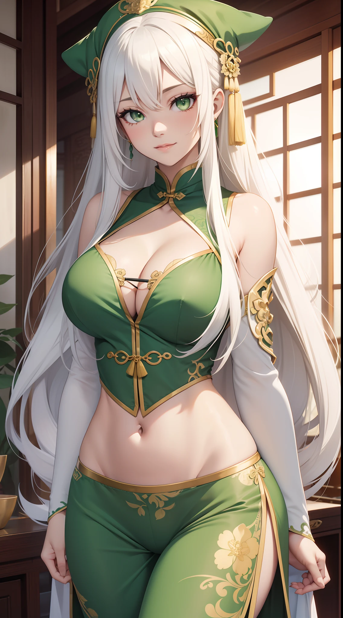 Adult woman, Long white hair, Green eyes, Green Chinese tight top, Chinese beautiful patterns, neckline on the chest, open breasts, nipples, cum on tits, baggy pants, Gold Elements, ssmile, Masterpiece, hiquality