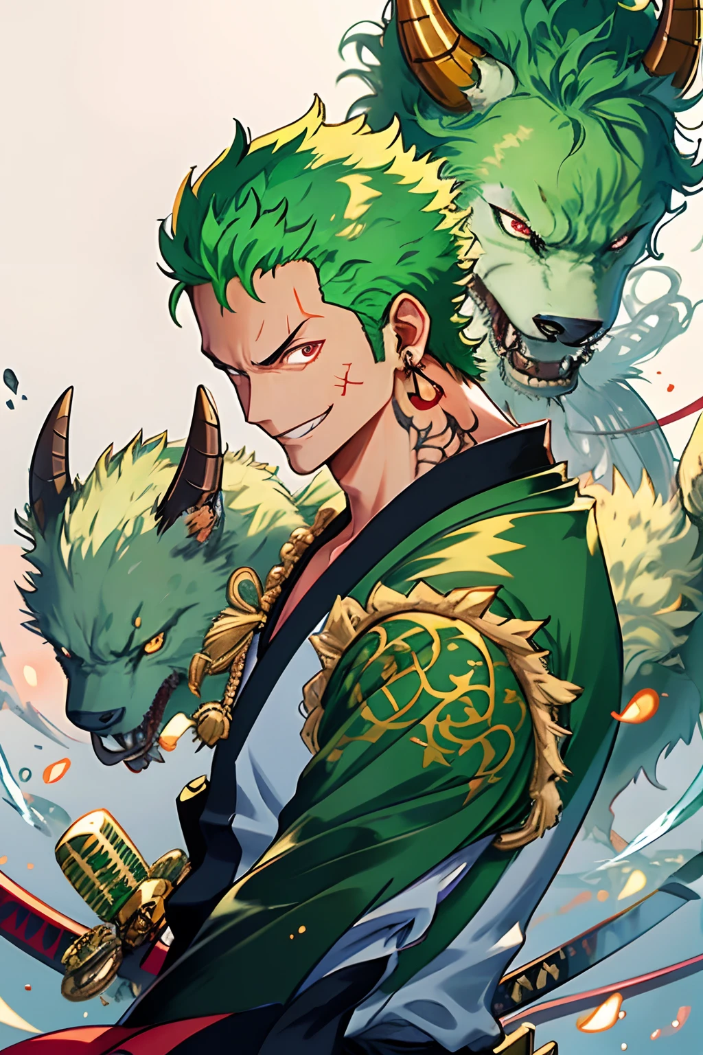 zoro, Solo, view the viewer, Smile, Short hair, Red eyes, 1boy, Holding, jewelry, Upper body, arma, Male focus, Earrings, Japanese clothes, Green hair, Horns, sword, komono, holding weapon, From the side Side, tattoo, Glowing, Scar, holdingsword, katana swords, scars in the face, scars on eyes