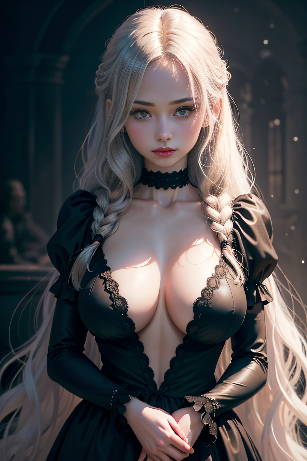 (RAW photo, Best quality), ((Nostalgia,1980s syle)),(A girl with a literary atmosphere:1.2),(Realistic, photo-realistic:1.3), (huge boob:1.3), (long wavy hair with braids), choker necklace,Very pale skin,hyperdetailed face, Detailed lips, in black lipstick, Fine eyes, Double eyelids, Skinny Gothic clothing, Extremely delicate and beautiful, Amazing, finedetail, Masterpiece, Ultra-detailed, A high resolution,Best Illustration, Best shadow,Intricate,Depth of field,(close-up portrait of a young beautiful woman:1.2),Long hair,Messy hair,((((low tune,Dark scene,Dimly lit)))),(((Soft lighting:1.4))),(Pale skin:1.4),(Shy smile),(Movie Angle),Sharp focus, volume fog, 8K UHD, Digital SLR, High quality,( filmgrain:1.4), Fujifilm XT3,(view the viewer), Pale skin, Full body shot