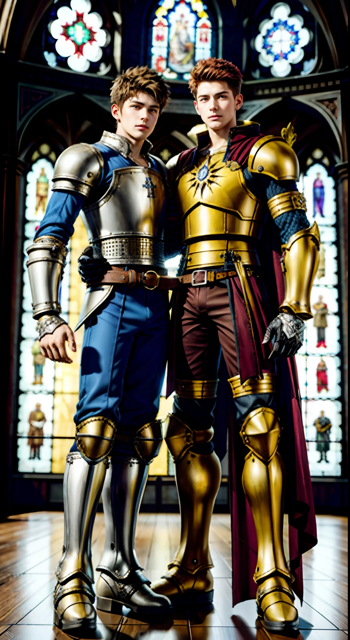 tmasterpiece， Best quality at best， 2 young men， A gay couple， Homosexuality， 2 Men， A red-haired person and another blonde person， Height difference， Different colors， apathy， Loves， Church background， Thick and messy hair，Gay，Both wear silver fantasy epic armor，Knight boots Seductive feet，Model figure，Tall，