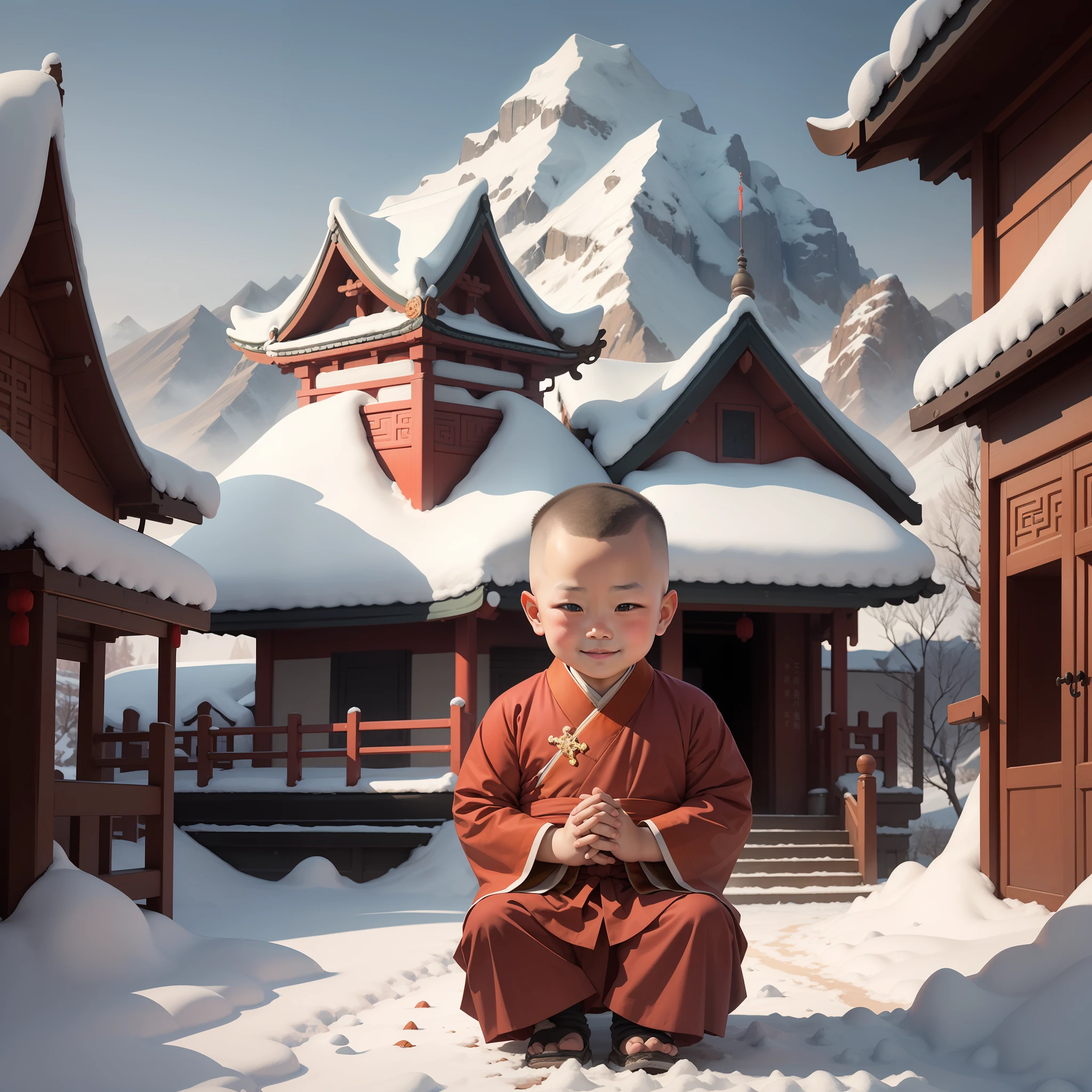 The little monk of China has a bald head，5 year old boy，ssmile，largeeyes，a little bit chubby，had his hands folded，Sit cross-legged，The background is the silhouette of the temple and the surrealism of snow-capped mountains