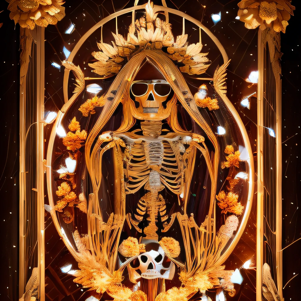 Skeleton rust wind,Wear thick gold-framed reflective sunglasses,32K(tmasterpiece,k hd,hyper HD,32K)Light chrysanthemum flowing hair,Silver skull jewelry area in the cave,Indigo Skull King ,ice hockey(The skeleton is realistic:1.4),Skull pattern robe,Silver skull light blue ornament,Petals flutter,The background of autumn is pure,Hold your head high,Be proud,The nostrils look at people, A high resolution, the detail, RAW photogr, Sharp Re, Nikon D850 Film Stock Photo by Jefferies Lee 4 Kodak Portra 400 Camera F1.6 shots, Rich colors, ultra-realistic vivid textures, Dramatic lighting, Unreal Engine Art Station Trend, cinestir 800,Hold your head high,Be proud,The nostrils look at people,Tsundere,Petals flutter,Petals flutter,Sprinkle with gold dust,Fluttering,Impeccable,( reasonable design, Clear lines, High sharpness,Best quality, Very detailed skeleton, The skeleton of a masterpiece, offcial art, movie light effect, 16K skeleton(((Wear thick gold-framed reflective sunglasses)))
