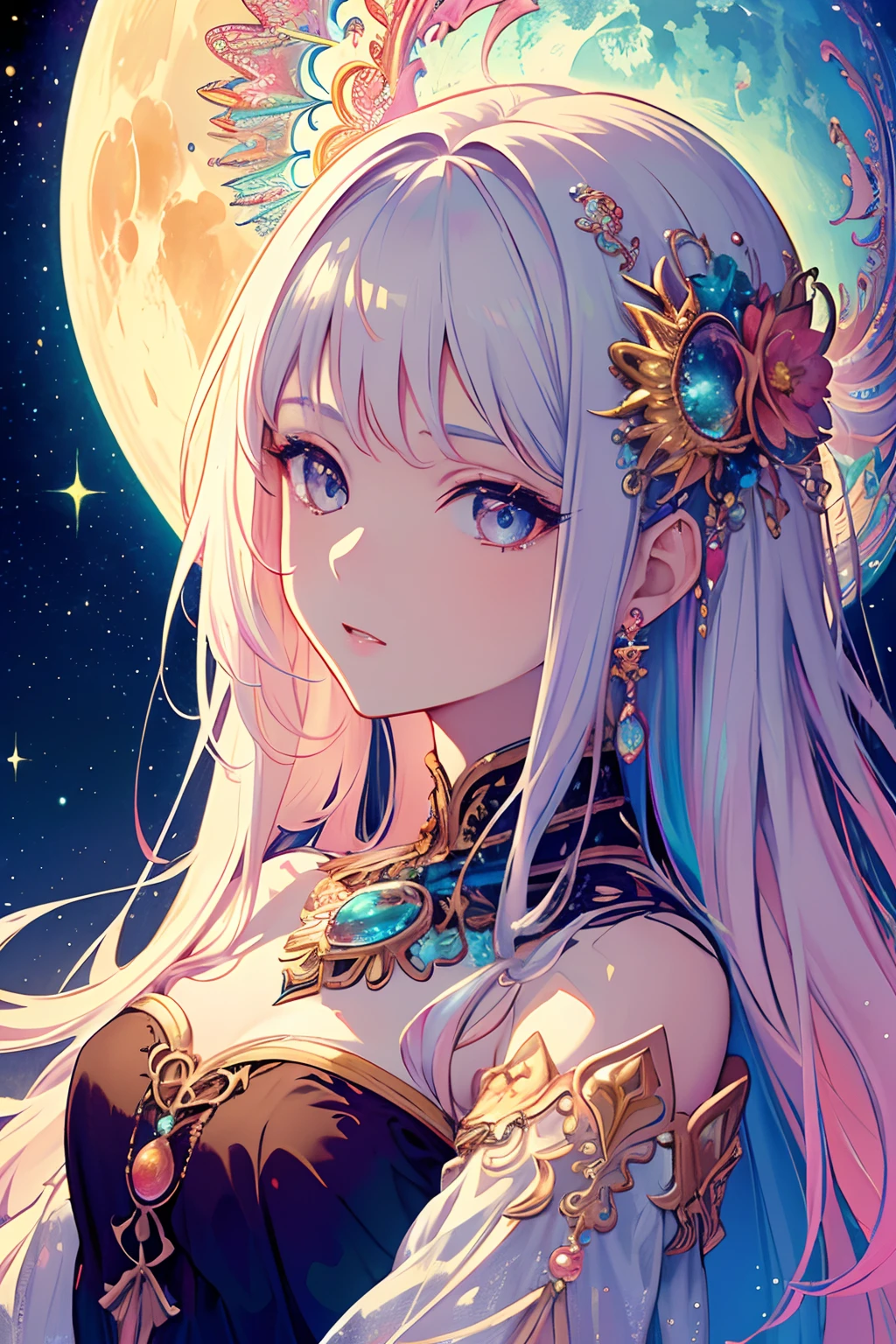 (masterpiece, top quality, best quality, official art, beautiful and aesthetic:1.2), (1girl), extreme detailed,(fractal art:1.3),colorful,highest detailed, pastel, luminous, glowing, pearlscence, iridiscent, sun, moon