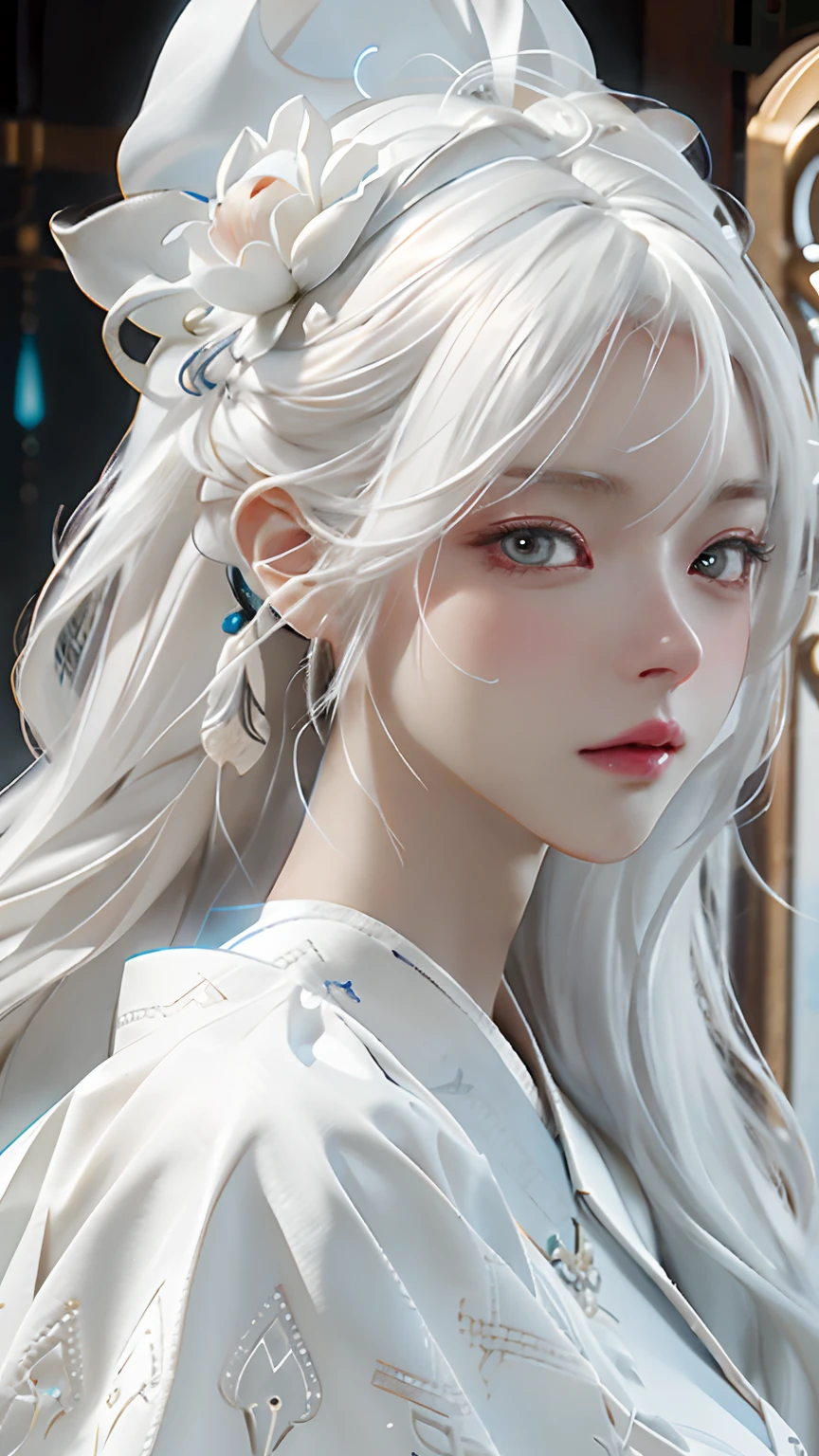 close-up of a woman with white hair and white mask，Belle peinture de personnage，Guviz，Guviz-style artwork，White-haired god，Epic and beautiful character art，Guvitz at the Pixiv Art Station