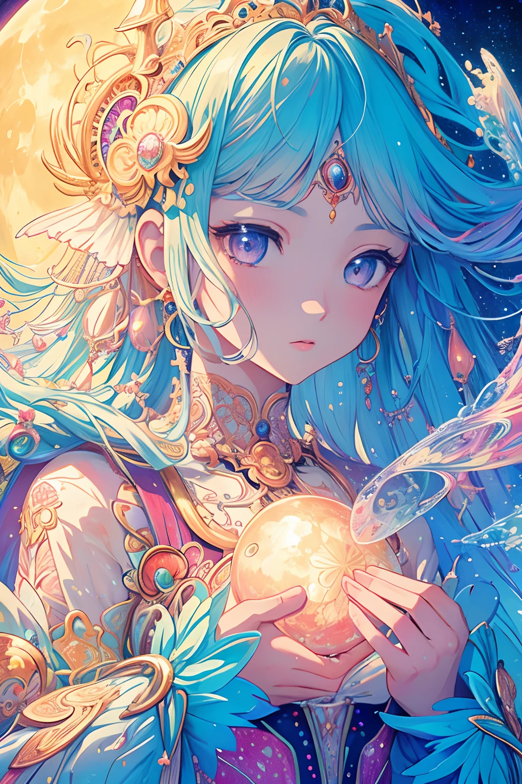 (masterpiece, top quality, best quality, official art, beautiful and aesthetic:1.2), (1girl), extreme detailed,(fractal art:1.3),colorful,highest detailed, pastel, luminous, glowing, pearlscence, iridiscent, sun, moon