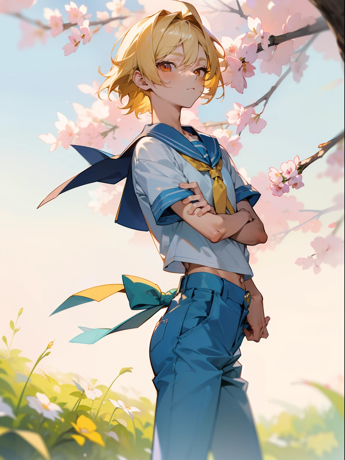 (masterpiece, best quality), intricate details, 8k, sharp focus, (bokeh) (best quality) (detailed skin:1.3) (intricate details) (8k) (detailed eyes) (anime) male character, long front of hair, short back hair, asymmetric hair, blonde hair, yellow hair, red eyes, shota, male, short boy, anime boy, frontage, lovely boy, perfect face, detailed eyes, blue clothes, slim, skinny, detailed accessories, fluffy, pastels, pastel, light, skinny, pastel outfit, soft colours, sharp eyes, male, young man, idol, soft colours, springtime, shorts, facing camera, posing, short sleeve shirt, outside, school uniform, sailor uniform, in uniform