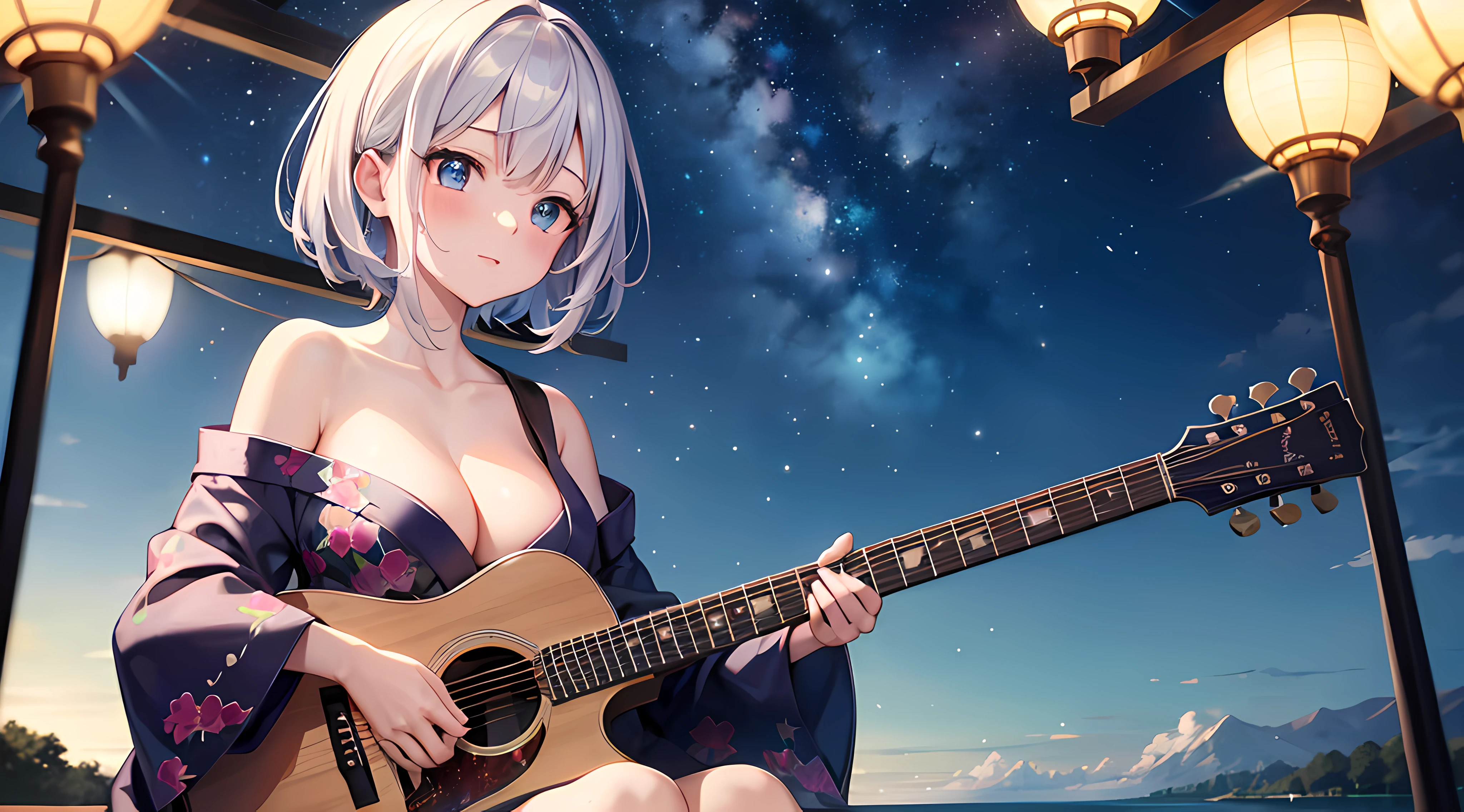 (8k, best quality:1.2), ultra high-res, extremely detailed, HDR, perfect lighting, perfect anatomy, very cute girl, solo, feet out of frame, beautiful detailed eyes, sitting, colorful yukata, short length, (off-shoulder), breast cleavege, playing the guitar BREAK (8k, best quality:1.2), ultra high-res, extremely detailed, HDR, perfect lighting, ultra detailed background, add layer, colorful fireworks, beautiful starry sky, sky full of stars, wide lake, light reflection