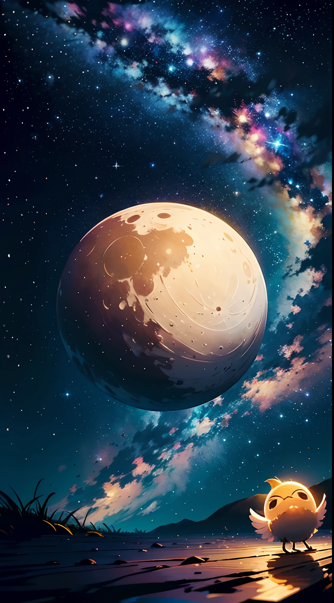 (obra-prima), (melhor qualidade), (ultra detailed creation), grama, , starly sky, lua cheia, (uma ao longe olhando para a lua)