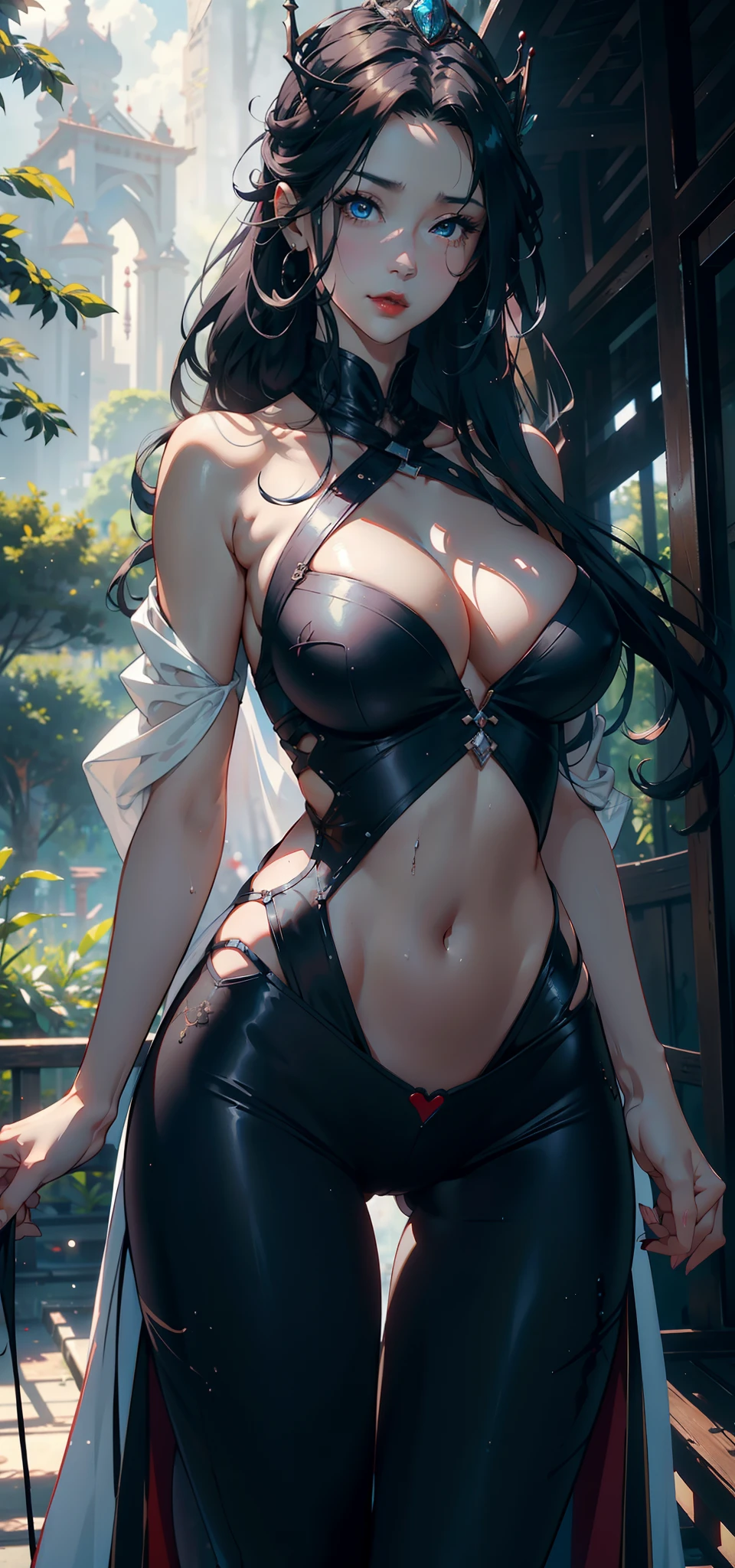 1female，35yo，熟妇，Slim，Tall，gigantic cleavage breasts，Big breasts Thin waist，slenderlegs，Pornographic exposure， 独奏，（Background with：ln the forest，the rainforest，in summer） She has long blue hair，standing on your feet，Sweat profusely，drenched all over the body，seen from the front， hair straight， mostly cloudy sky，（（（tmasterpiece），（Very detailed CG unity 8K wallpaper），best qualtiy，cinmatic lighting，detailed back ground，beatiful detailed eyes，Bright pupils，blue color eyes，Redlip（Very fine and beautiful），（Beautiful and detailed eye description），ultra - detailed，tmasterpiece，）），facing at camera，A high resolution，ultra - detailed），revealing breasts，Bare genitalia， Lower body elevation，Raised sexy，Camel toes，Flushed complexion，Open-mouthed，frontage，Fantastic Princess（Wearing：White cloak，black colored leggings，Red loose shirt，tiara crown），