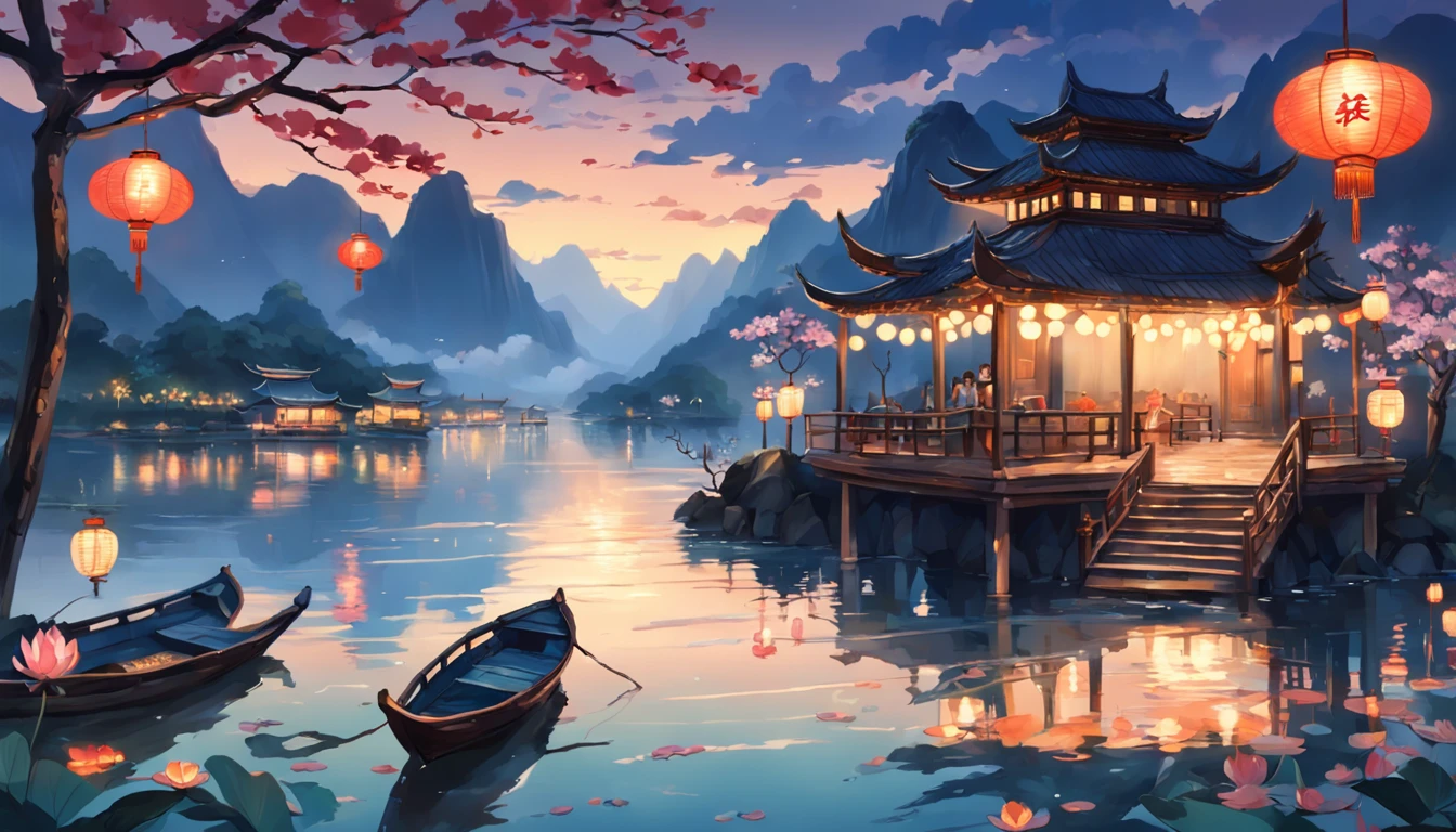 obra-prima, melhor qualidade, estilo de artes marciais chinesas, an Asian night scene with lanterns and water lilies, Asian lagoon with many lanterns and boats night scene with many lights and boats on the water, Lake surface, lotus flowers, bela cena noturna, (( (estilo de artes marciais chinesas))), with vast sky, continuous mountains and steep cliffs, estilo de lavagem de tinta, luz de contorno, atmospheric atmosphere, profundidade de campo, Mist rising, bambu, pinheiros, octagonal stone pavilion, Running water of waterfall, grande lua cheia, (Sem cor), monocromatic, cor clara, (((there's a wizard / cavaleiro sombrio na cena)))