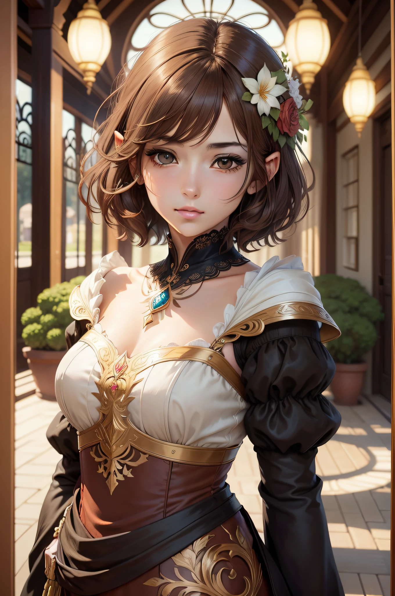 Official Art, Masterpiece European female face,elvish, short hair, lightbrown hair , brown eyes , Flower Frame ,Decorative panel , jugendstil , (​masterpiece、top-quality、hight resolution: 1.4),in 8K, Drawing of a woman with short lightbrown hair, Anime Art Nouveau, highly detailed exquisite fanart, anime fantasy illustration, clean detailed anime art, detailed anime art, Sharp Focus, Delicate Beautiful Hair and Eyes and Face, ultra-detailliert, a beauty girl