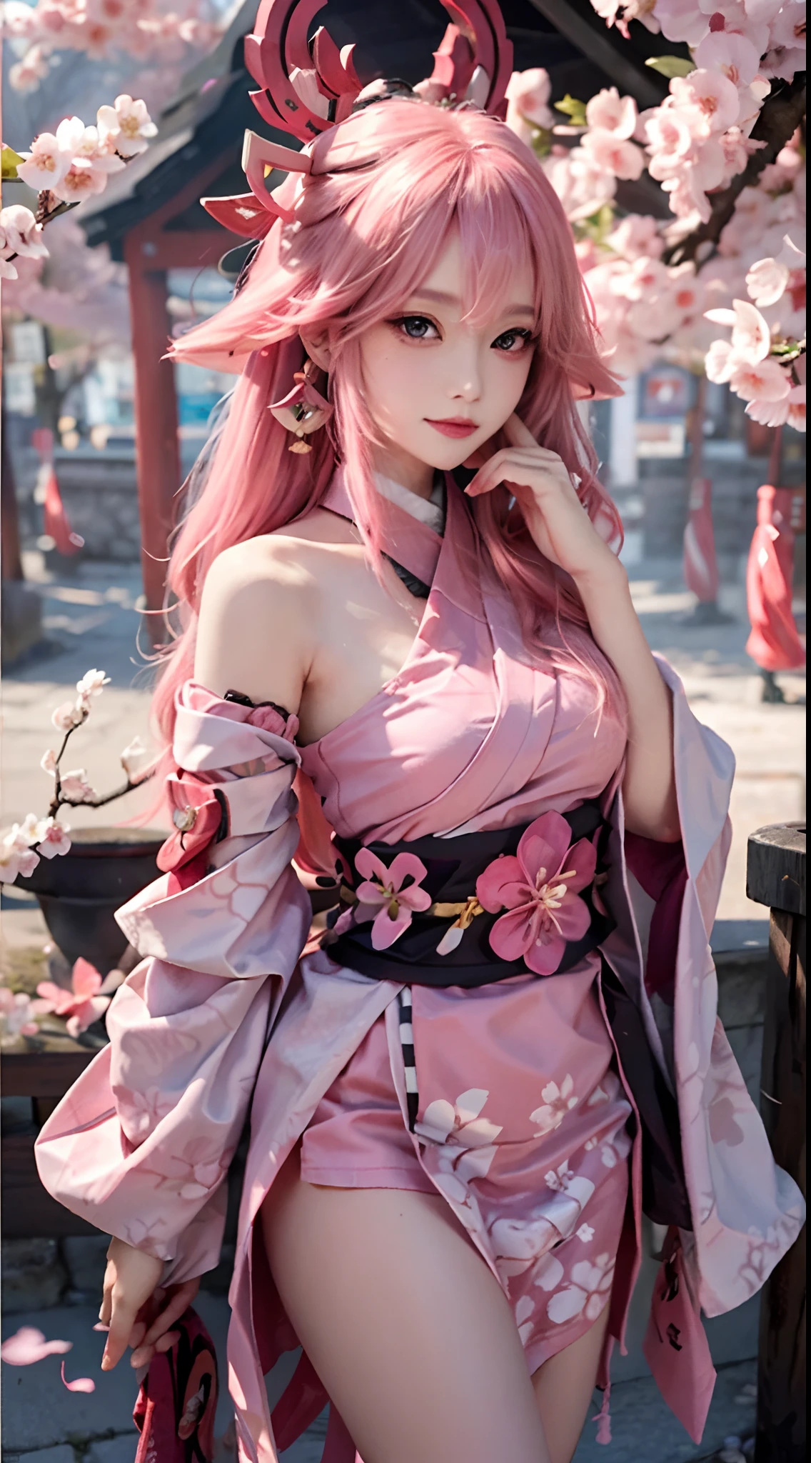 ((masterpiece, best quality)), (1girl),((mature female)), animal ears, bare shoulders, blush, breasts, cherry blossoms, closed mouth, detached sleeves, earrings, fingernails, flower, fox ears, gem, hair between eyes, hair ornament, hand up, japanese clothes, jewelry, kimono, long hair, looking at viewer, medium breasts, miko, nontraditional miko, pink eyes, pink flower, pink hair, purple gemstone, short kimono, sidelocks,standing, yea miko \(genshin impact\),