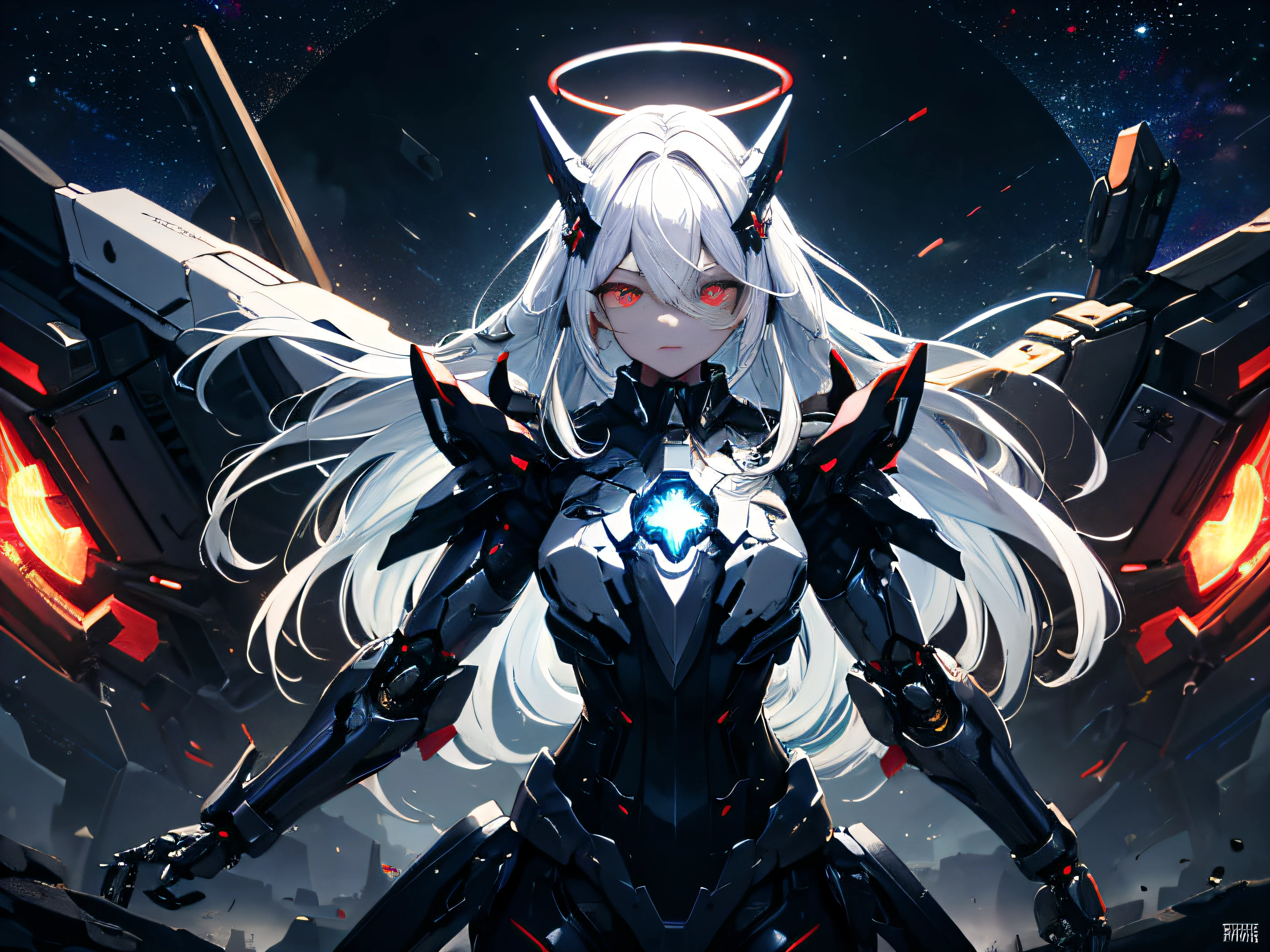 masterpiece,best quality,ultra-detailed,very detailed illustrations,extremely detailed,intricate details,highres,super complex details,extremely detailed 8k cg wallpaper,cowboy shot, caustics,reflection,ray tracing,demontheme,nebula,dark aura,cyber effect, (1girl:1.4),solo,alone,mecha musume,mechanical parts, robot joints,single mechanical arm, headgear, mechanical halo,star halo,intricate mechanical bodysuit, mecha corset, full armor, very long hair,white hair, hair between eyes, multicolored hair, colored inner hair, red eyes,glowing eye,eye trail, random expressions,random action, ancient japanese architecture,pond, starry sky,skyline,