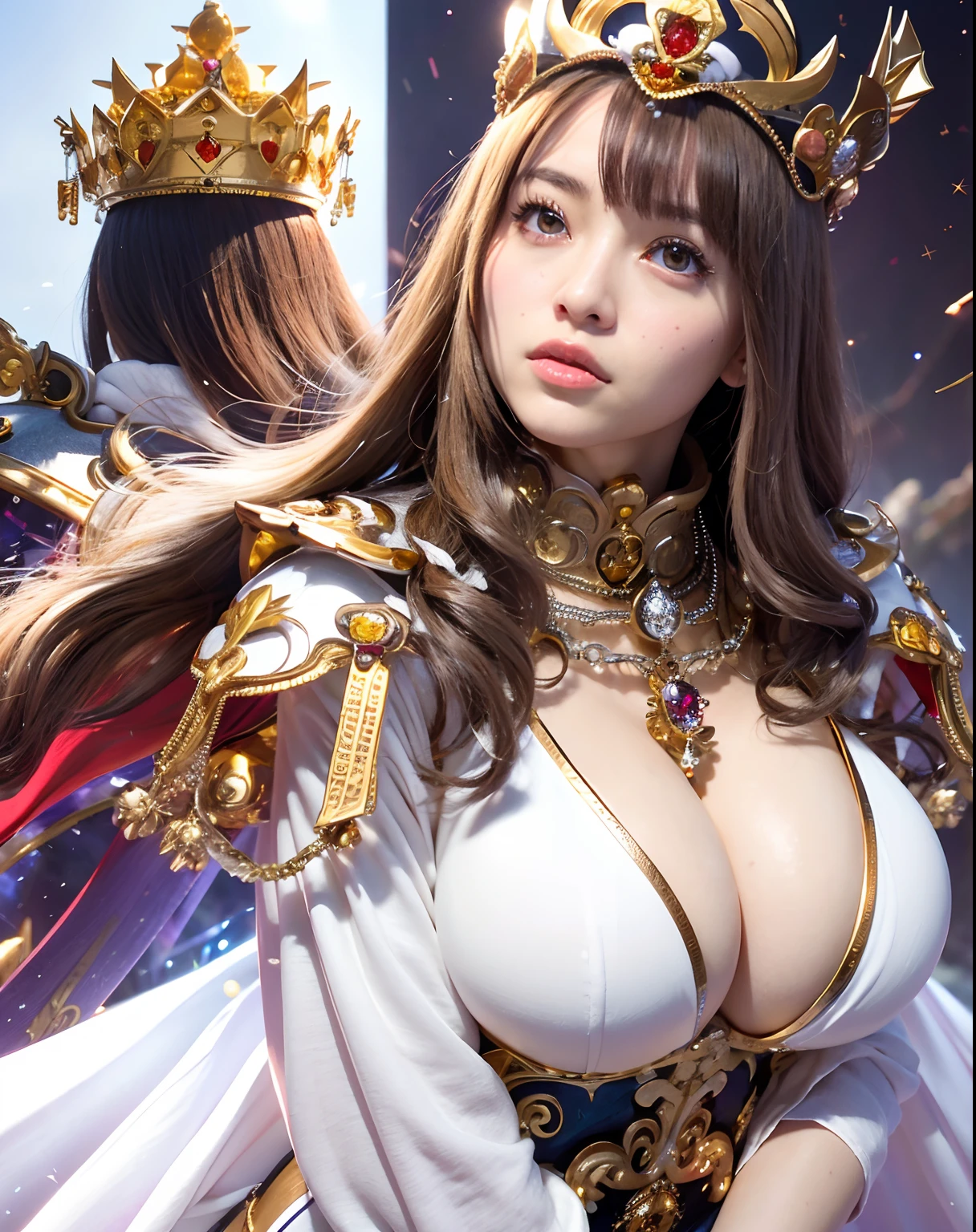 (masutepiece), Professional , masterpiece、top-quality、photos realistic , depth of fields ,(Wind element),close-up,dream magical,tornado,Lightning,(Gemstone Silver Jewel Body:1.9),(Matte White、Jewel Gold Weapon_(Metal:1.4),Gorgeous Jewel Metal Weapons , Detailed Sword of the Brave , Beautiful knife ,warhammer 40k , adepta sororitas,Detail and ornate jewel crown、Brown hair、Gangle's forest background、Beautiful Caucasian beauty、1a person、dynamic ungle,(((Detailed and ornate diamond crown)))、Particles of light、cleavage of the breast、magic circles、