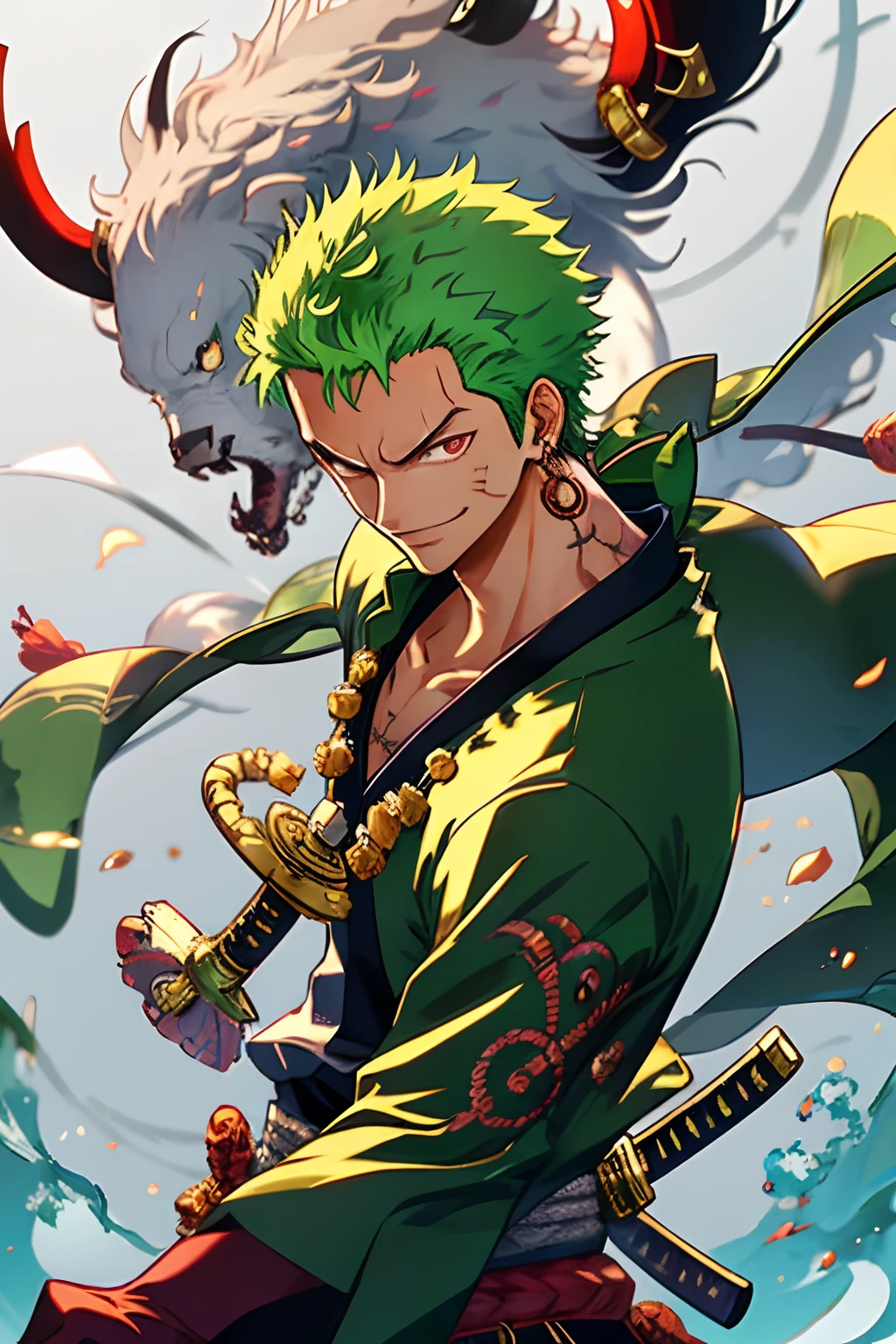 zoro, Solo, view the viewer, Smile, Short hair, Red eyes, 1boy, Holding, jewelry, Upper body, arma, Male focus, Earrings, Japanese clothes, Green hair, Horns, sword, komono, holding weapon, From the side Side, tattoo, Glowing, Scar, holdingsword, katana swords, scars in the face, scars on eyes