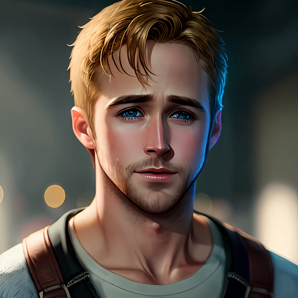 Realistic Ryan gosling, detailed skin texture, light blue eyes