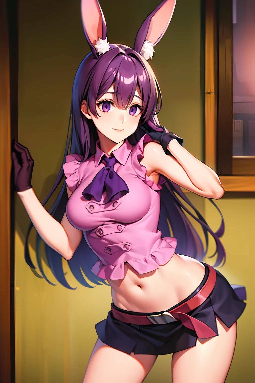 masterpiece, best quality, 1girl, purple hair, long hair, hime cut, blunt bangs, rabbit ears, animal ear fluff, purple eyes, pink shirt, black skirt, (miniskirt:1.2), midriff, navel, single thighhigh, asymmetrical legwear, belt, brown belt, gloves, black gloves, looking at viewer, smile, empty eyes, hypnoLora