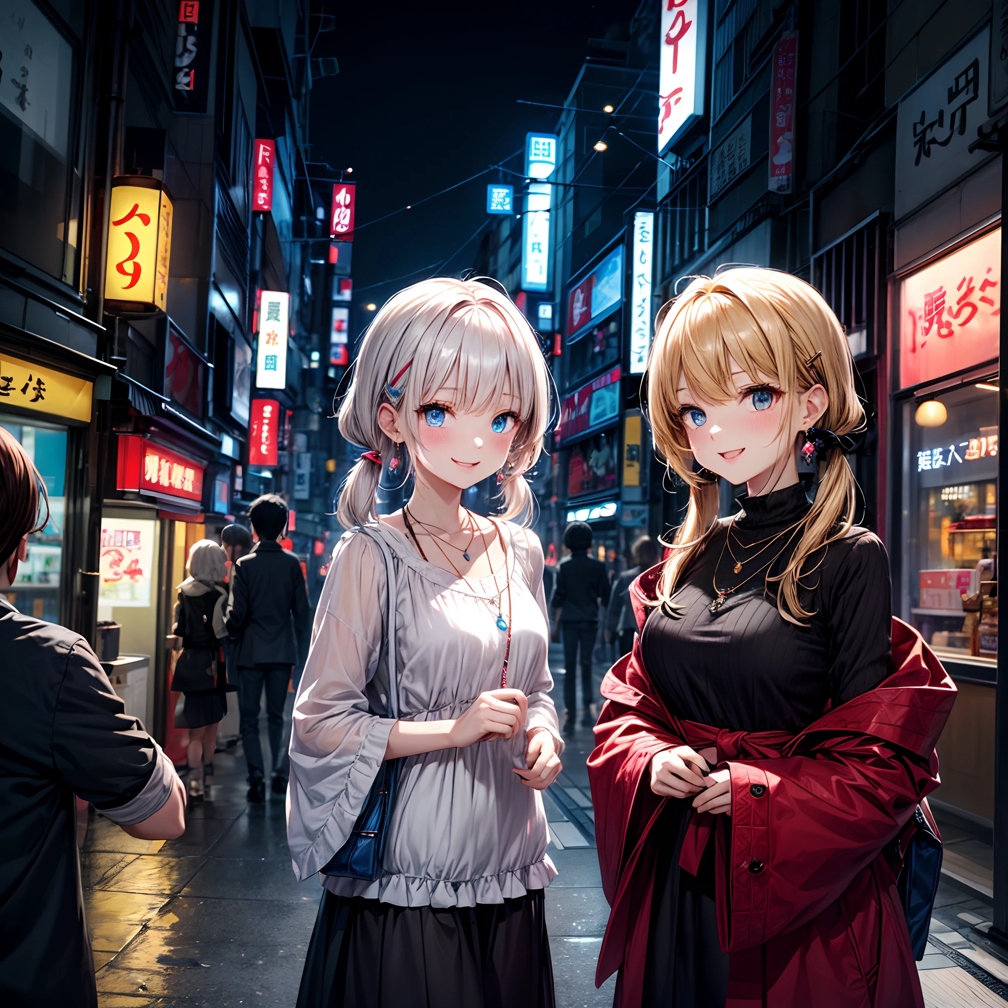 absurderes, (独奏:1.5,)ultra-detailliert,bright colour, extremely beautiful detailed anime face and eyes, view straight on, ;D, shiny_skin,25 years old, Happy smiling face、Short hair, , asymmetrical bangs, Blonde hair with short twin tails, Shiny hair, Delicate beautiful face, red blush、(Blue eyes), White skin, hair clips, earrings, a necklace, 、Black and yellow dress、(Tokyo at night)、(Lots of neon)