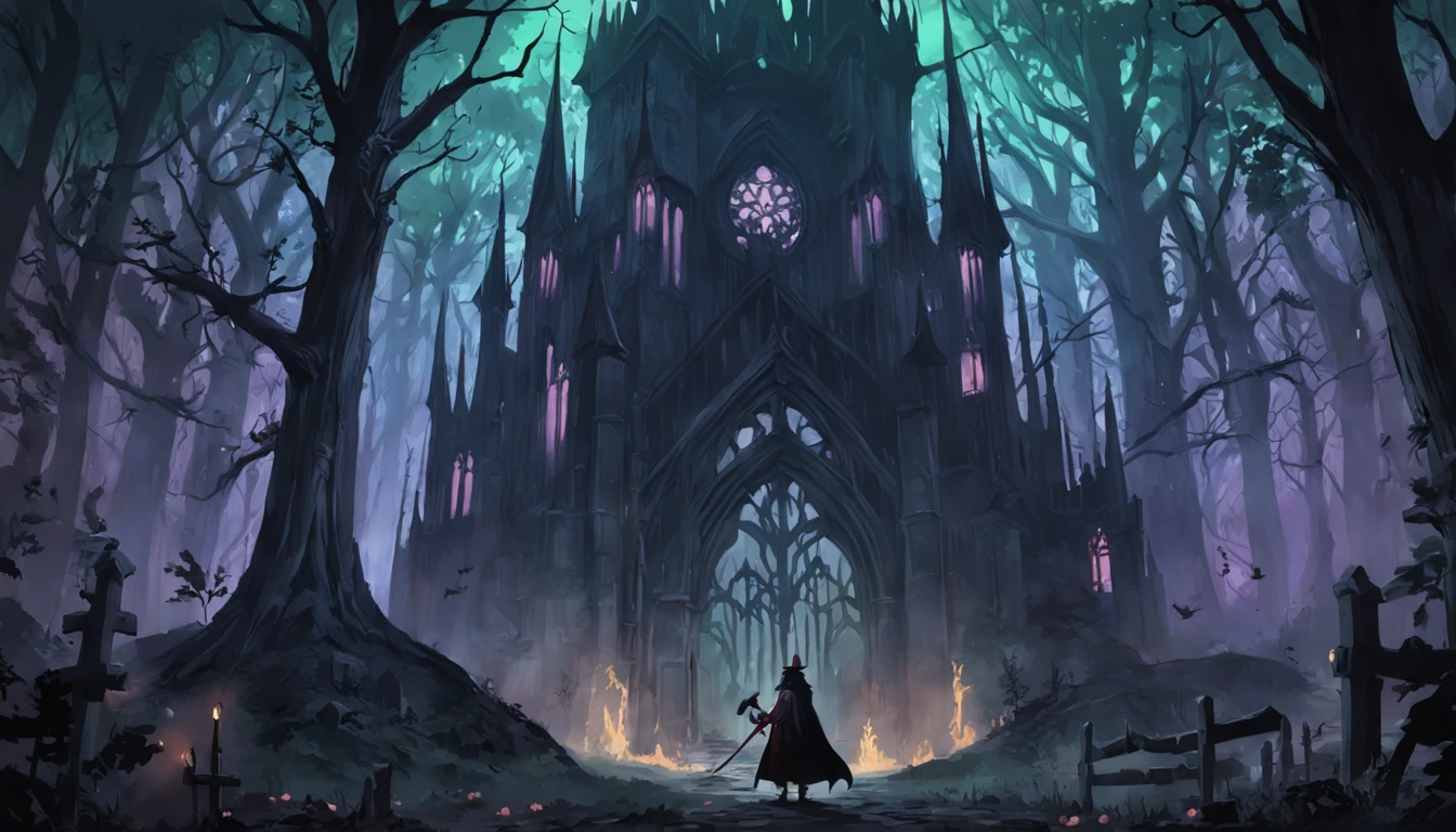 There is a magician in a forest with a full moon in the background, gothic forest, Fundo escuro da floresta, Castlevania Inspirado, Dark forest scenery, Fundo sombrio da floresta, fundo da floresta, fundo escuro da floresta pastel, inside an epic gothic forest, Castlevania, gothic forest, Epic Forest, Castelvânia, Dracula's Forest, Gothic forest in the background, fundo medieval da floresta, dark cemetery, Gothic Cemetery, ((cemetery)), ((mago)), (Pixel Art)