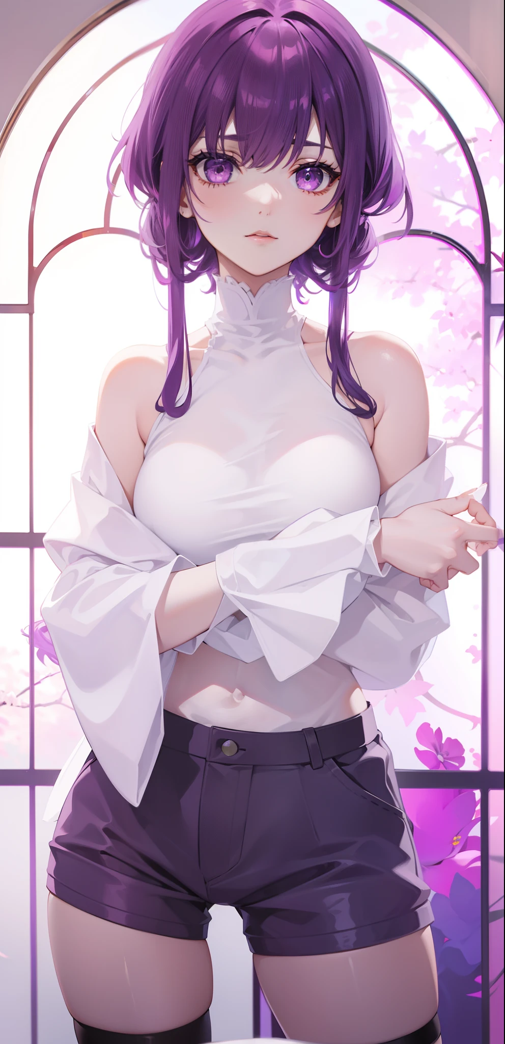 Short thin purple hair,Pink eyes,Royal sister,Coiled hair,White color blouse,Cuffs open,Hold your hands to your chest,Black shorts,blacksilk,close-up on legs,