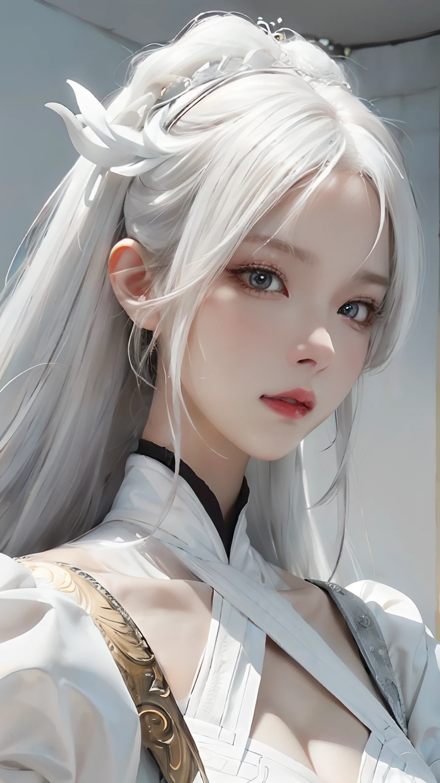 close-up of a woman with white hair and white mask,Belle peinture de personnage,Guviz,Guviz-style artwork,White-haired god,Epic and beautiful character art,Guvitz at the Pixiv Art Station,In the house