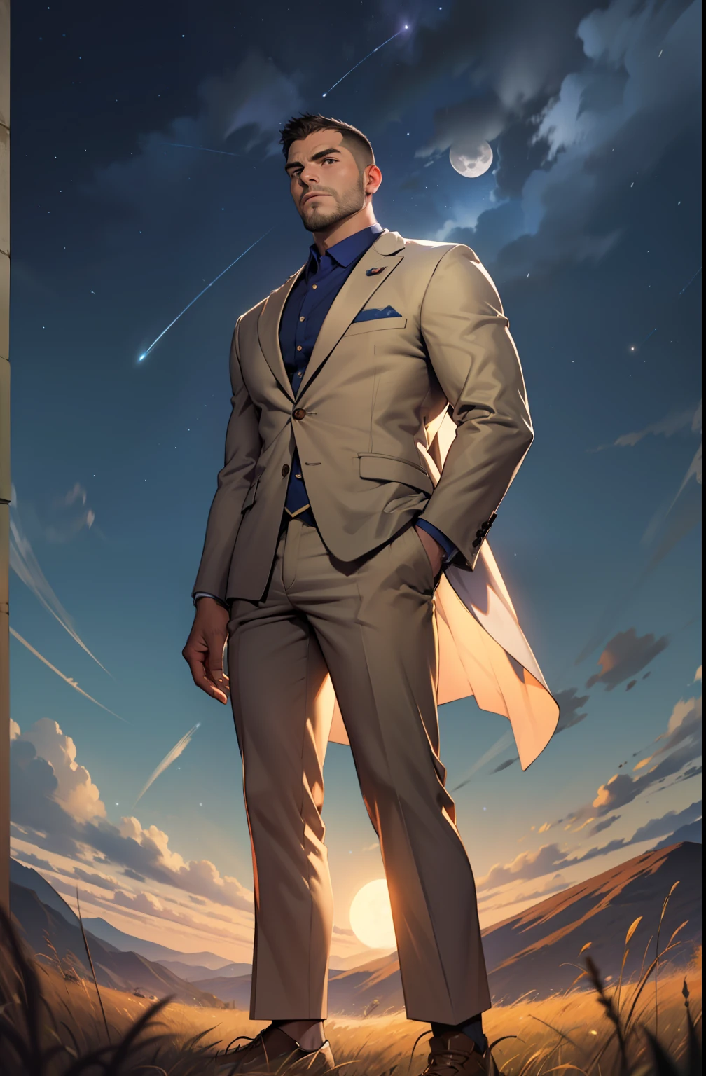 Draw a full-fledged footballer，Standing on the steppe at night，Quiet and comfortable background，He wears the same suit as the country's president，The suit fits perfectly，Handsome face，eyes with brightness，The man looks confident and determined，looking-down，Crew cut，full bodyesbian，Stars dot the sky，shooting from below，Big moon highlights background