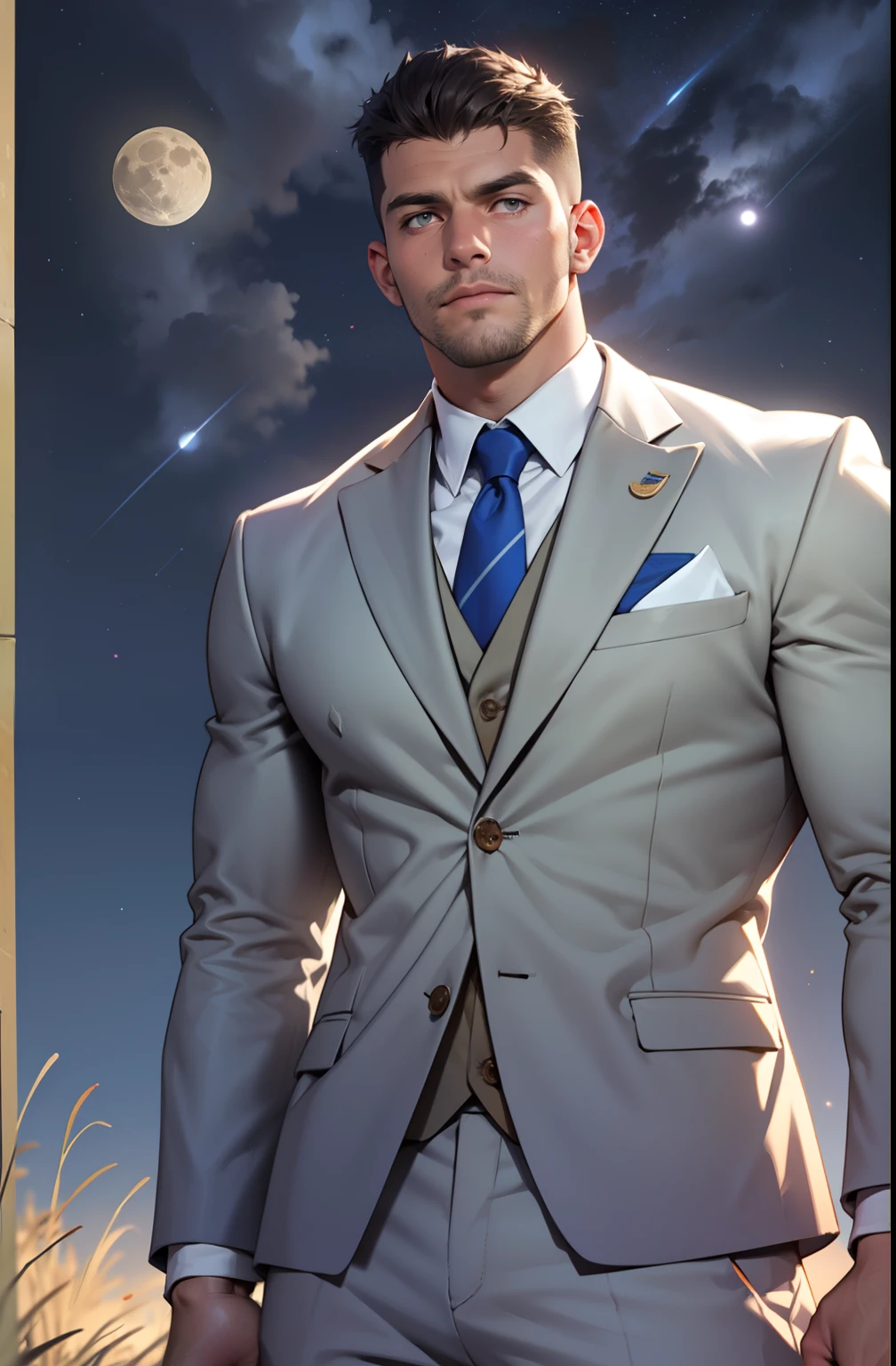 Draw a full-fledged footballer,Standing on the steppe at night,Quiet and comfortable background,He wears the same suit as the country's president,The suit fits perfectly,Handsome face,eyes with brightness,The man looks confident and determined,looking-down,Crew cut,full bodyesbian,Stars dot the sky,shooting from below,Big moon highlights background