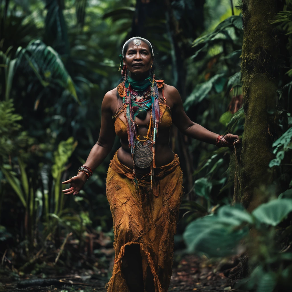 A mystical figure, ((((bruxa: 3.0)))), (((aterrorizante))), ((sombria)), of the Amazon rainforest, lenda, Estilo realista, 8k, :: Style realista, :: 1.0, (((Olhos de fogo))), Velha, mulher : 2.0