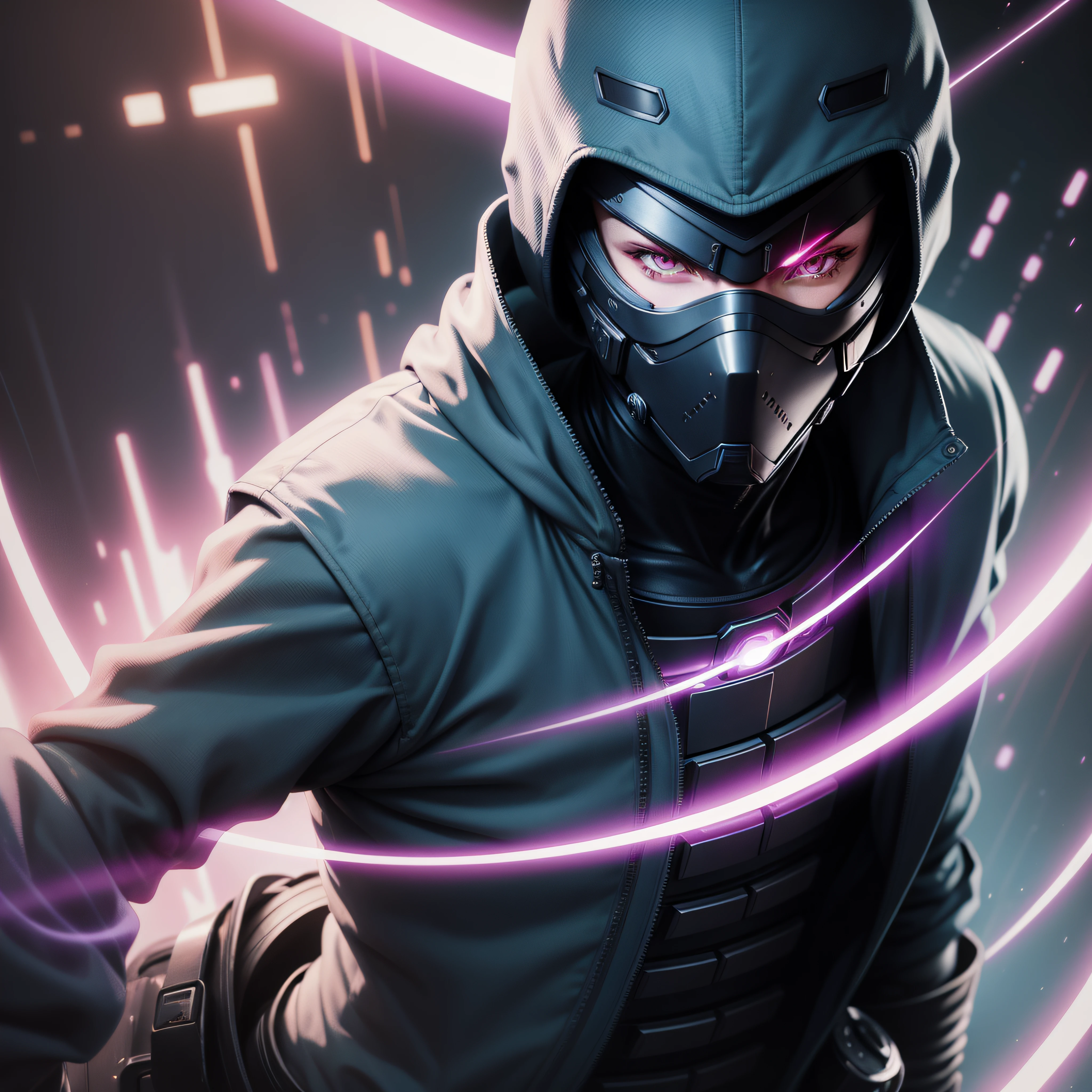 Create a futuristic ninja of the year 30000 with cyber hacker hood, --rosto