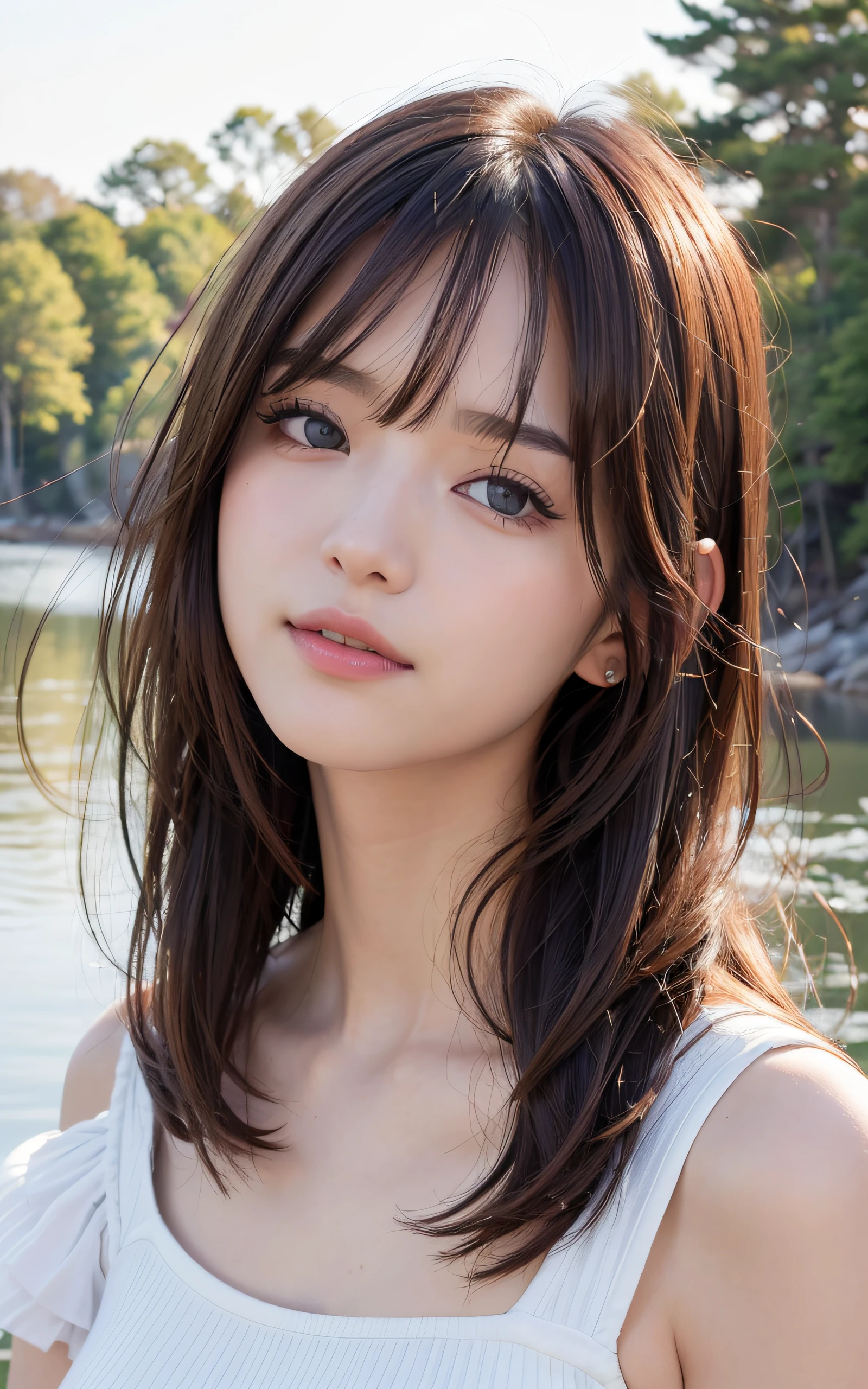 ((top-quality、8k masterpieces:1.3))、(ultra beautiful faces:1.0)、(shinny skin:1.0)、photos realistic、Brown hair, Shoulder-length straight hair swaying in the wind, Bangs, Video Lighting、High-definition eyes and face、1 japanese girl, Neat and clean beauty, Cute, from the front side、medium breasts、A slight smile, Forest lake with morning mist