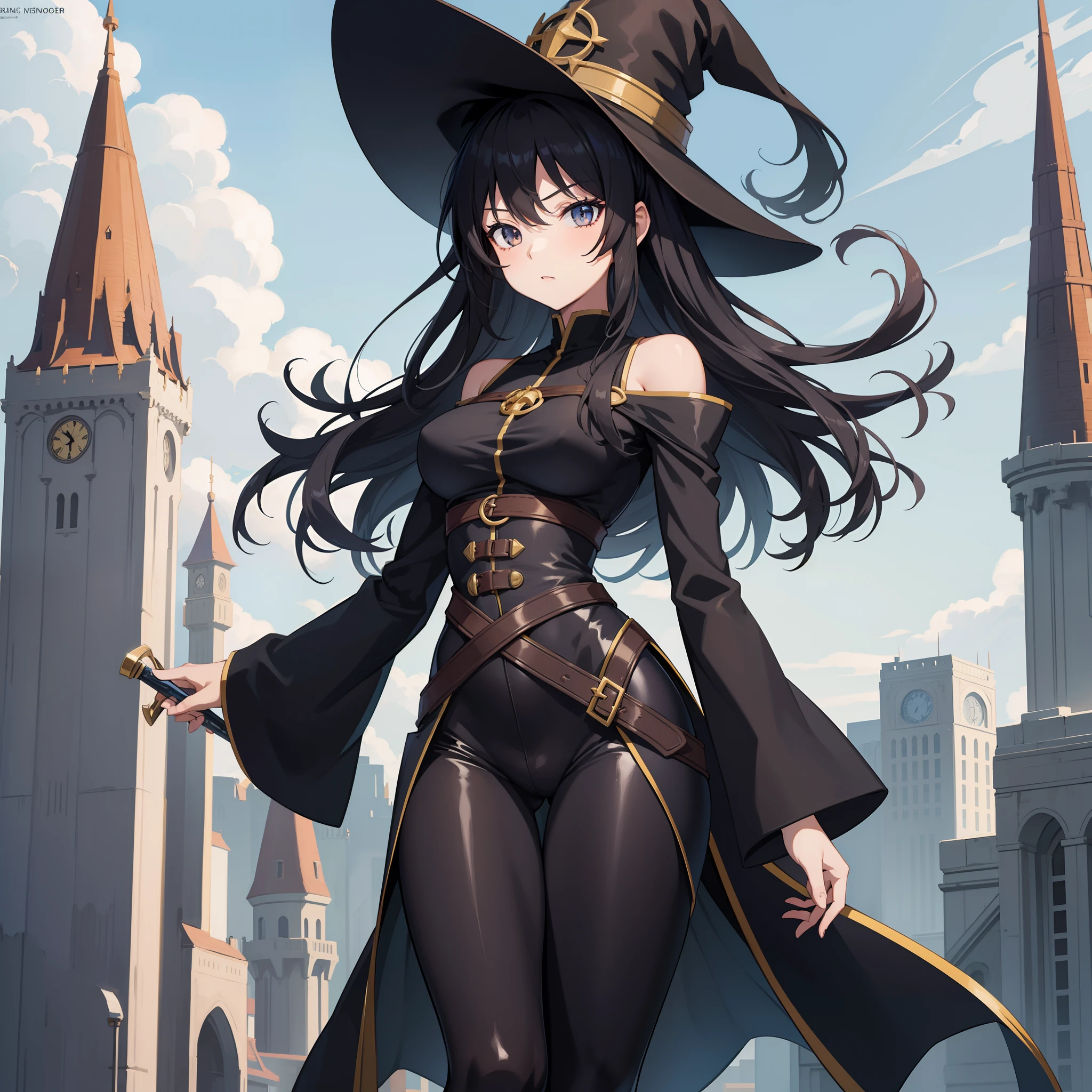 anime girl, black hair, wizard tower, full body shot, sexy, skinny, black leggings