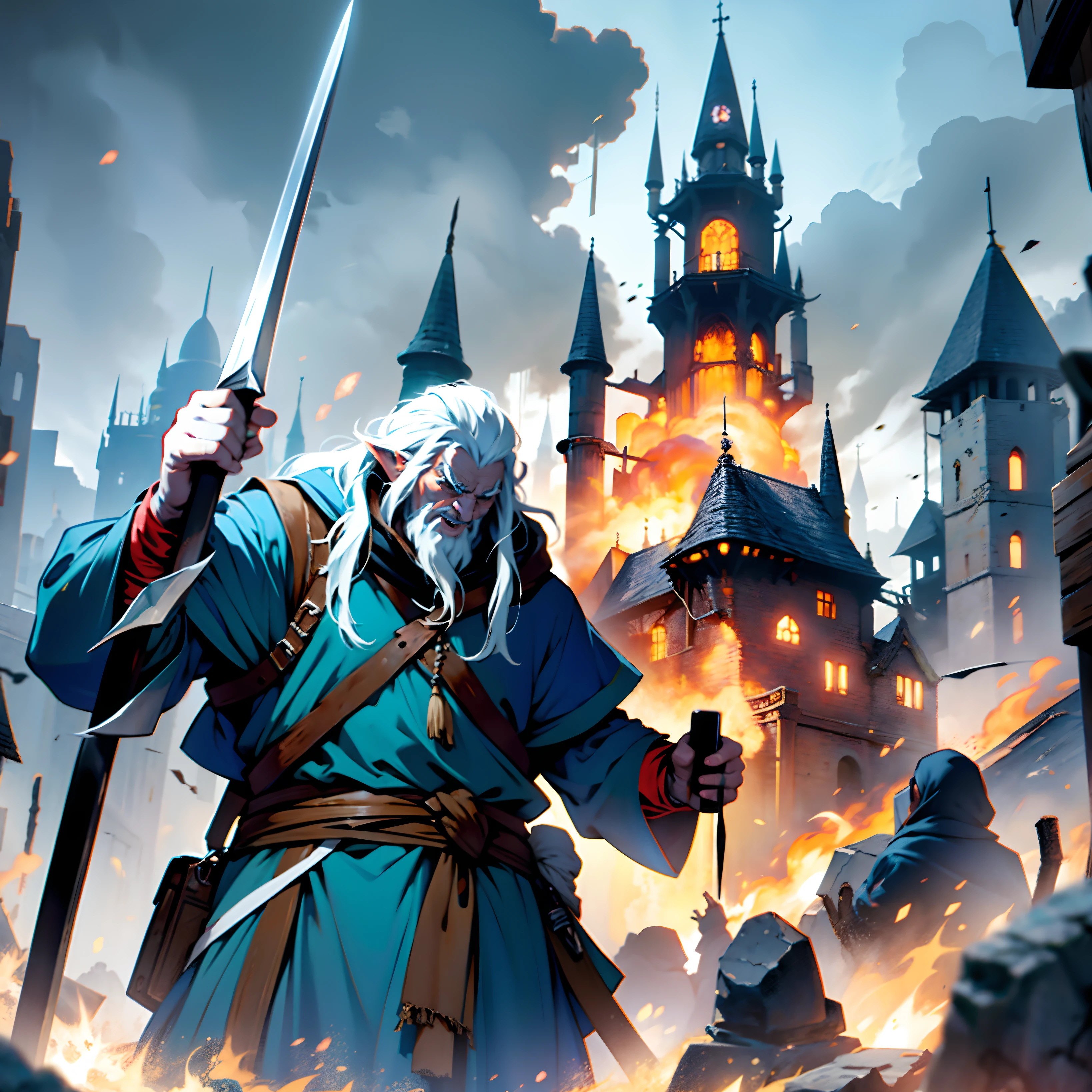 decenas de orcos estan atacando un pueblo gandalf defiende el pueblo con poderes magicos