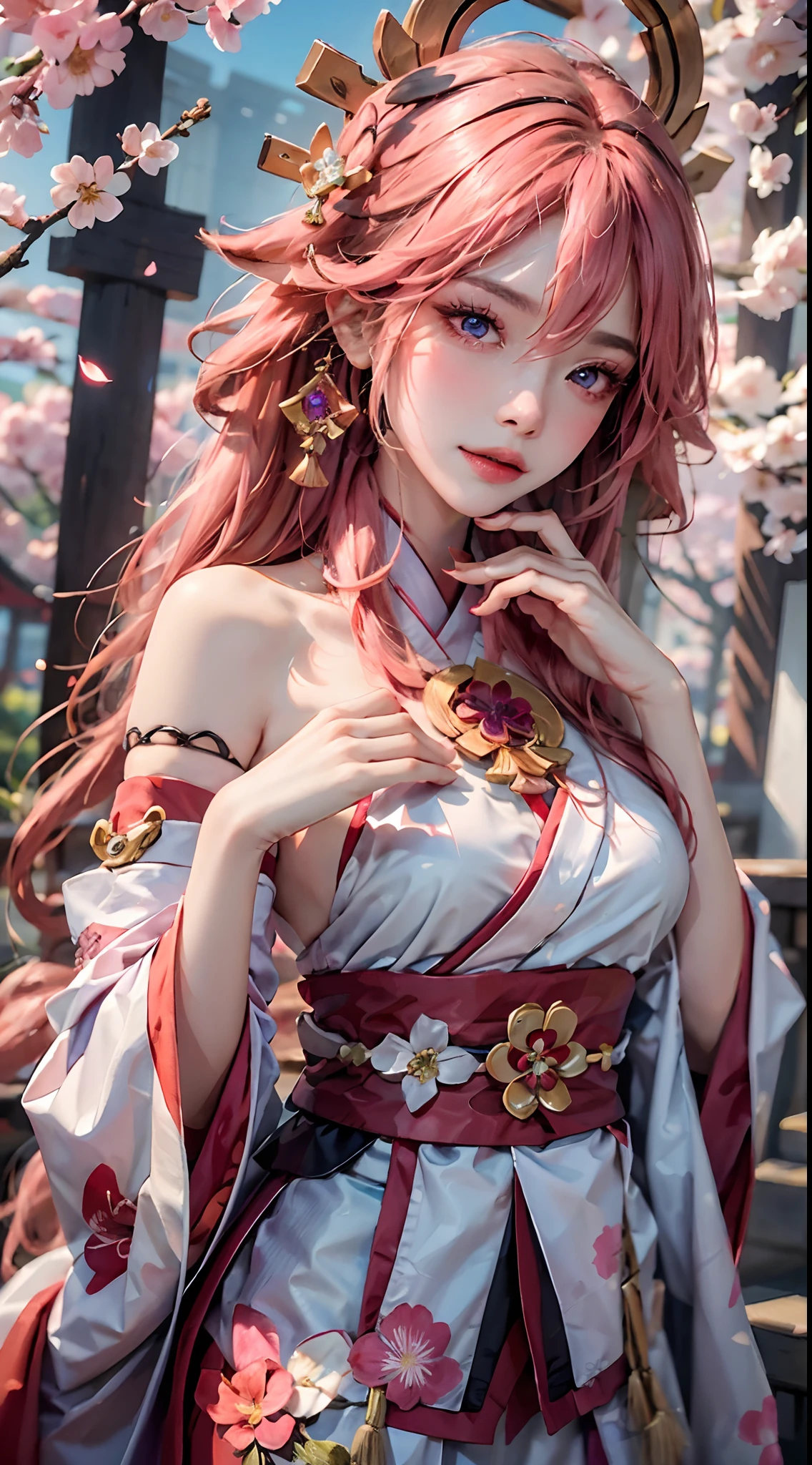 ((masterpiece, best quality)), (1girl),((mature female)), animal ears, bare shoulders, blush, breasts, cherry blossoms, closed mouth, detached sleeves, earrings, fingernails, flower, fox ears, gem, hair between eyes, hair ornament, hand up, japanese clothes, jewelry, kimono, long hair, looking at viewer, medium breasts, miko, nontraditional miko, pink eyes, pink flower, pink hair, purple gemstone, short kimono, sidelocks,standing, yea miko \(genshin impact\),