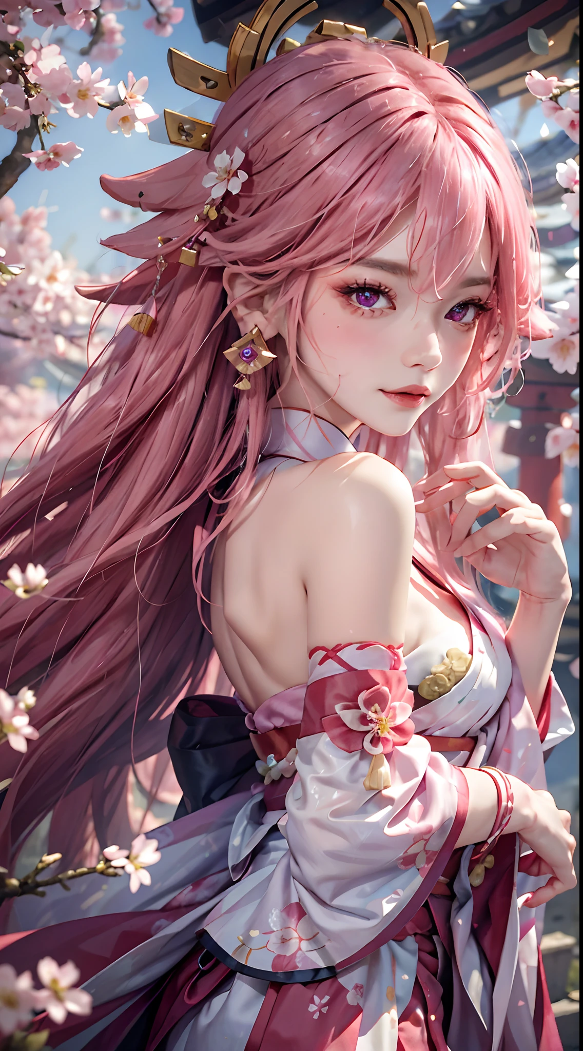 (RAW photo, best quality), (realistic, photo-realistic:1.3), best quality, highly detailed, masterpiece, ultra-detailed, illustration, 1girl, upper_body, dynamic angle, world mastery theater, messy_long_hair,best quality, extremely detailed CG unity 8k壁纸,ink,astounding,电影灯光,lens_flare,dunhuang_Style masterpiece,Best quality,Pink and white lace dress,Pink gray hair,exteriors,clouds,Kizi, huge tit,cleavage,Bare thighs,Innocent