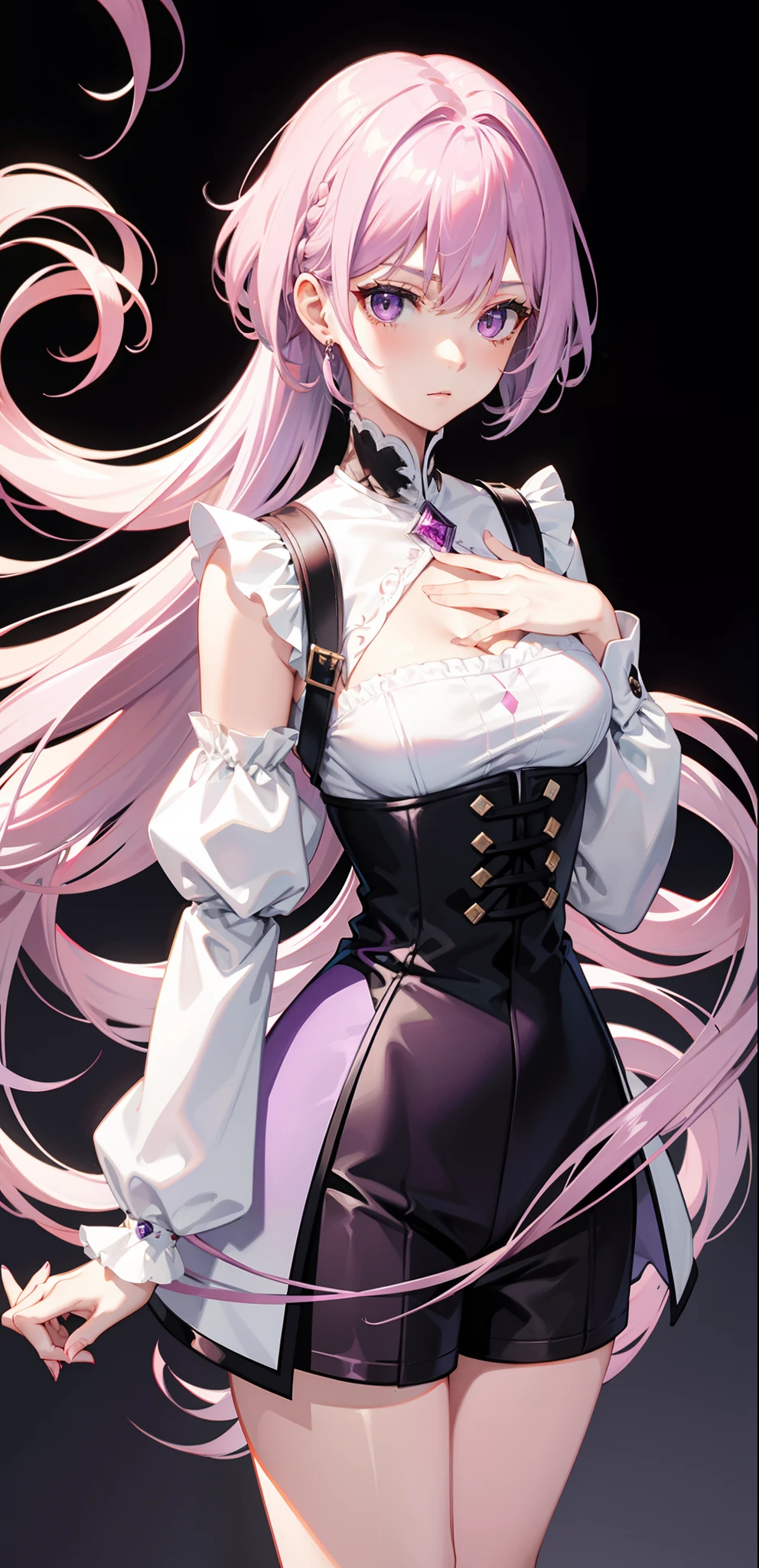 hora da maquiagem, quebrar, (qualidade superior, master part, 8k, muito detalhado, beautiful young lady), (1 : 1.5), (Loli: , (cabelo rosa), (sombra dos olhos), pele brilhante, (mascara: 1.0), (mid breast: 1.5),
(da frente: 1.8), (Cabelo Twintails), knee tights,
ultra high-resolution, Absurdo, (fundo branco), olhos amarelos, roupas japonesas, Black Japanese dress with red details