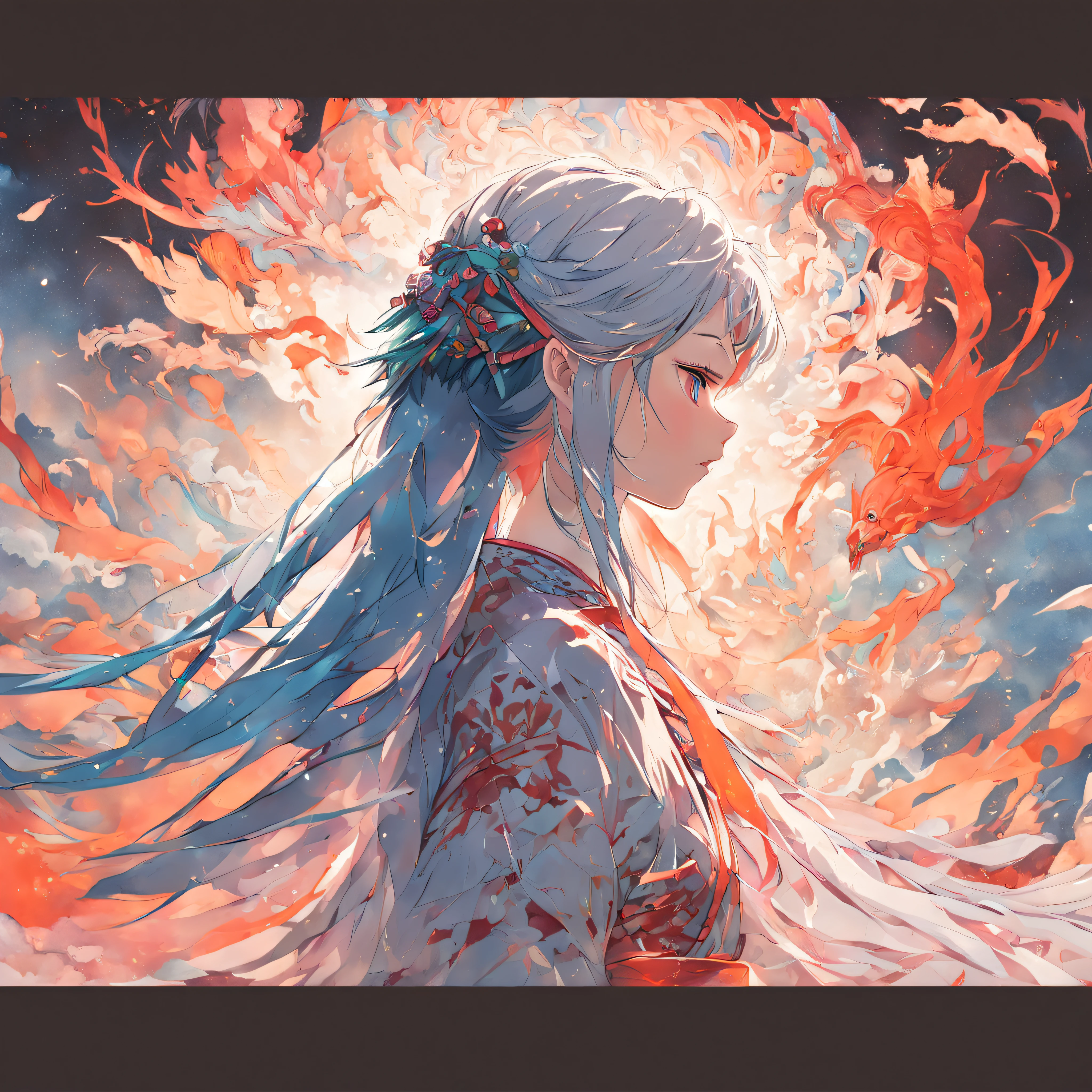 (White background:1.4),(Silhouette of a girl's head, Eyes closed, Colorful long hair, Oriental elements),(Chinese Illustration:1.3,paper art:1.3, Quilted Paper Art:1.2),( Reasonable design, Clear lines, High Sharpness,Best Quality, Very detailed, masutepiece, Movie Light Effects, 4K )