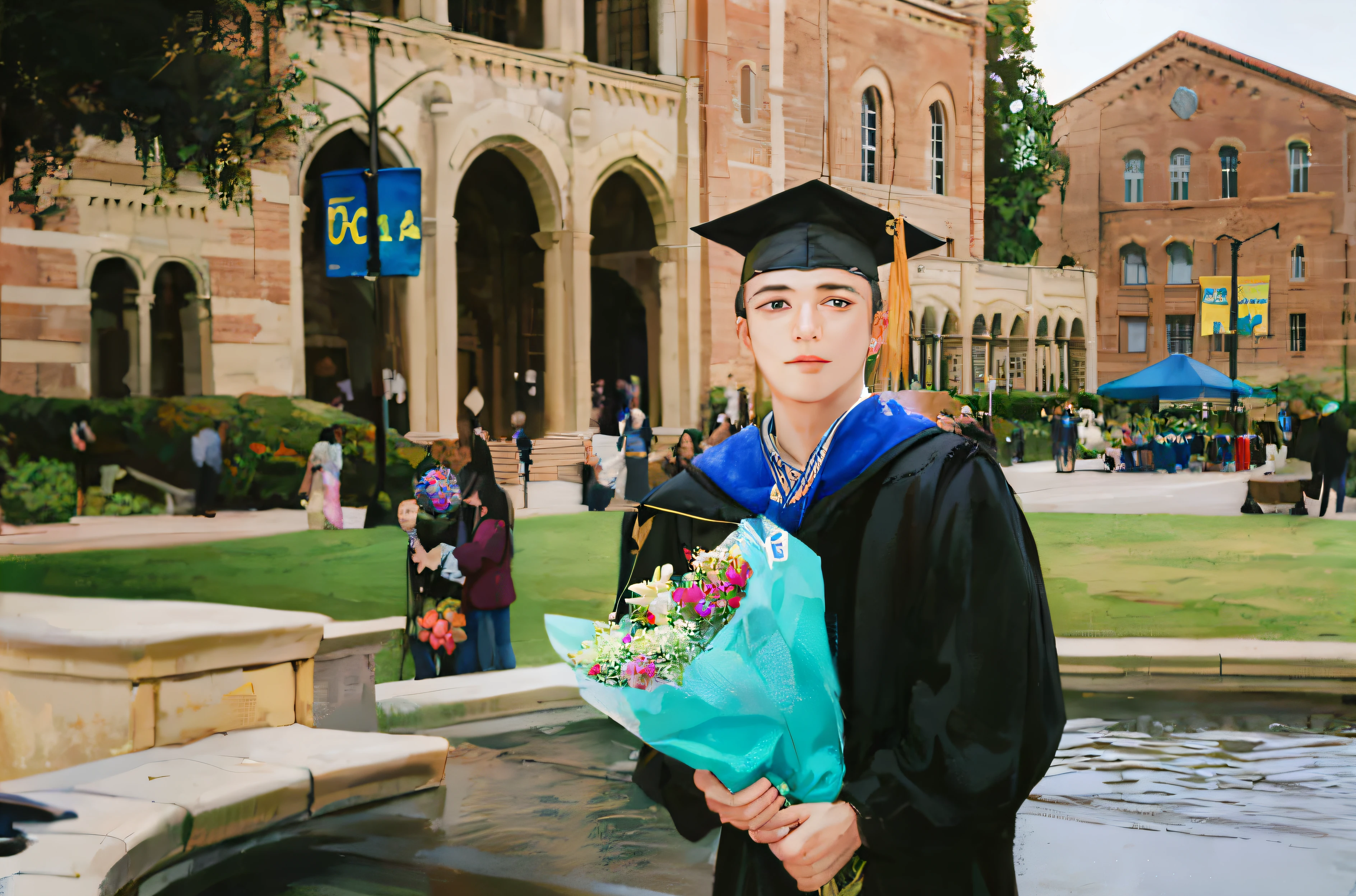 It is an art painting in the Guvez style,It depicts a man holding flowers in a graduation dress and a bachelor hat,This is a detailed anime portrait,Similar to Rossi's portrait,Produced in an anime artist studio。The portrait shows a handsome boy,It shows amazing facial features。