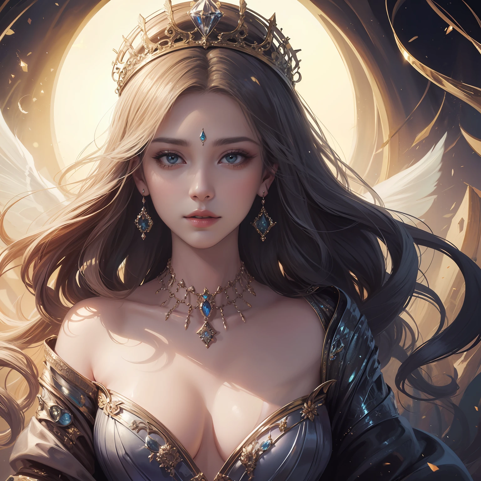 a close up of a woman wearing a necklace and earrings, 8K high quality detailed art, Fantasy art style, Beautiful and elegant queen, ((a beautiful fantasy empress)), Guviz-style artwork, Ethereal beauty, style of wlop, beautiful fantasy art portrait, Beautiful character painting, a beautiful fantasy empress, The hand is intact，fantasy style art，Soft light effect of light panels。