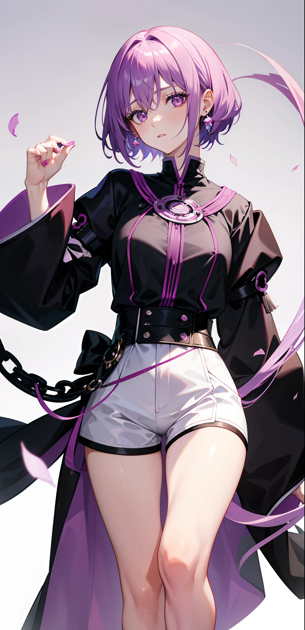 Short thin purple hair，Pink eyes，Royal sister，Coiled hair，White color blouse，Long sleeves，Hold your hands to your chest，Black  shorts，blacksilk，close-up on legs，