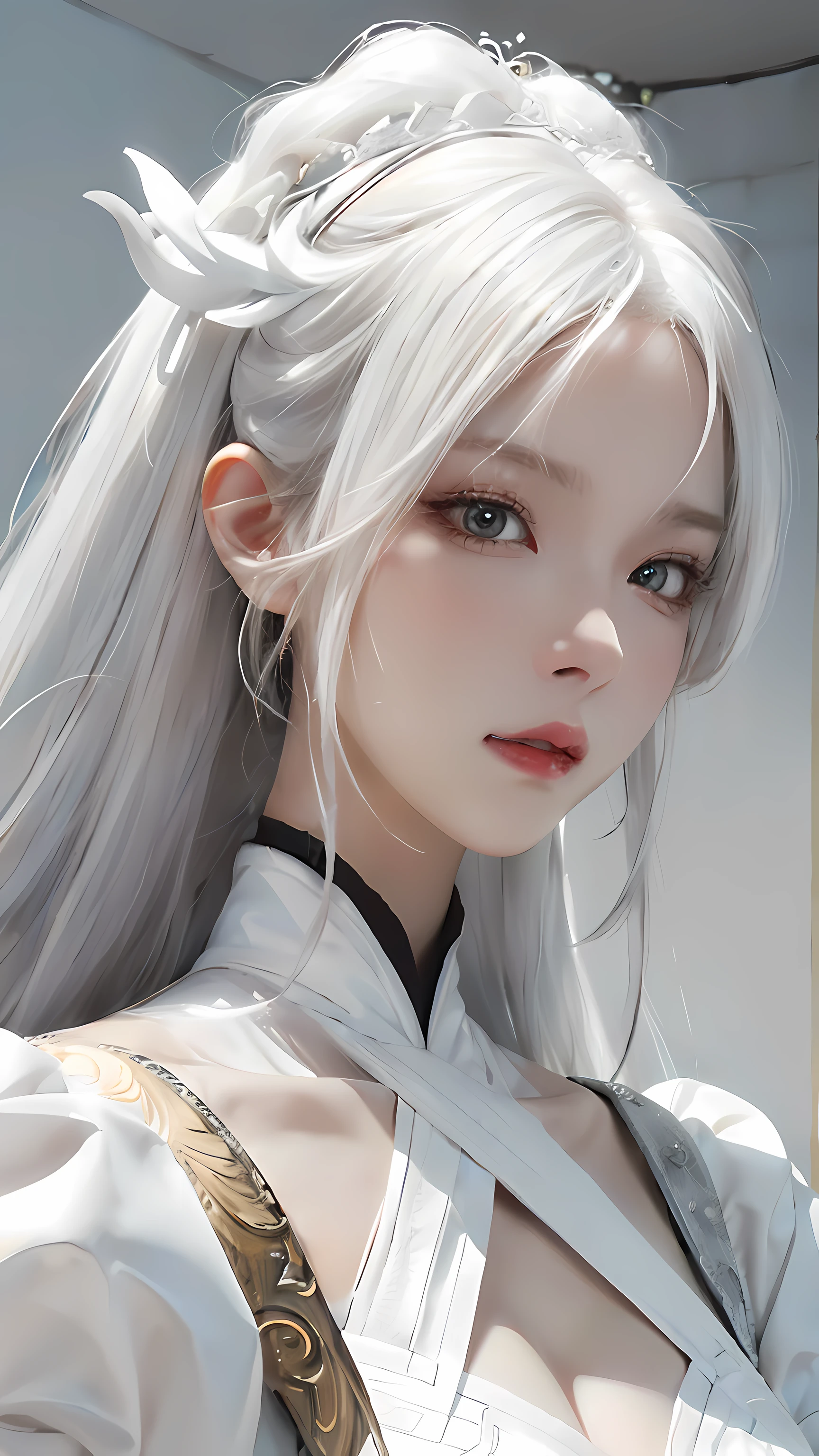 close-up of a woman with white hair and white mask,Belle peinture de personnage,Guviz,Guviz-style artwork,White-haired god,Epic and beautiful character art,Guvitz at the Pixiv Art Station,In the house