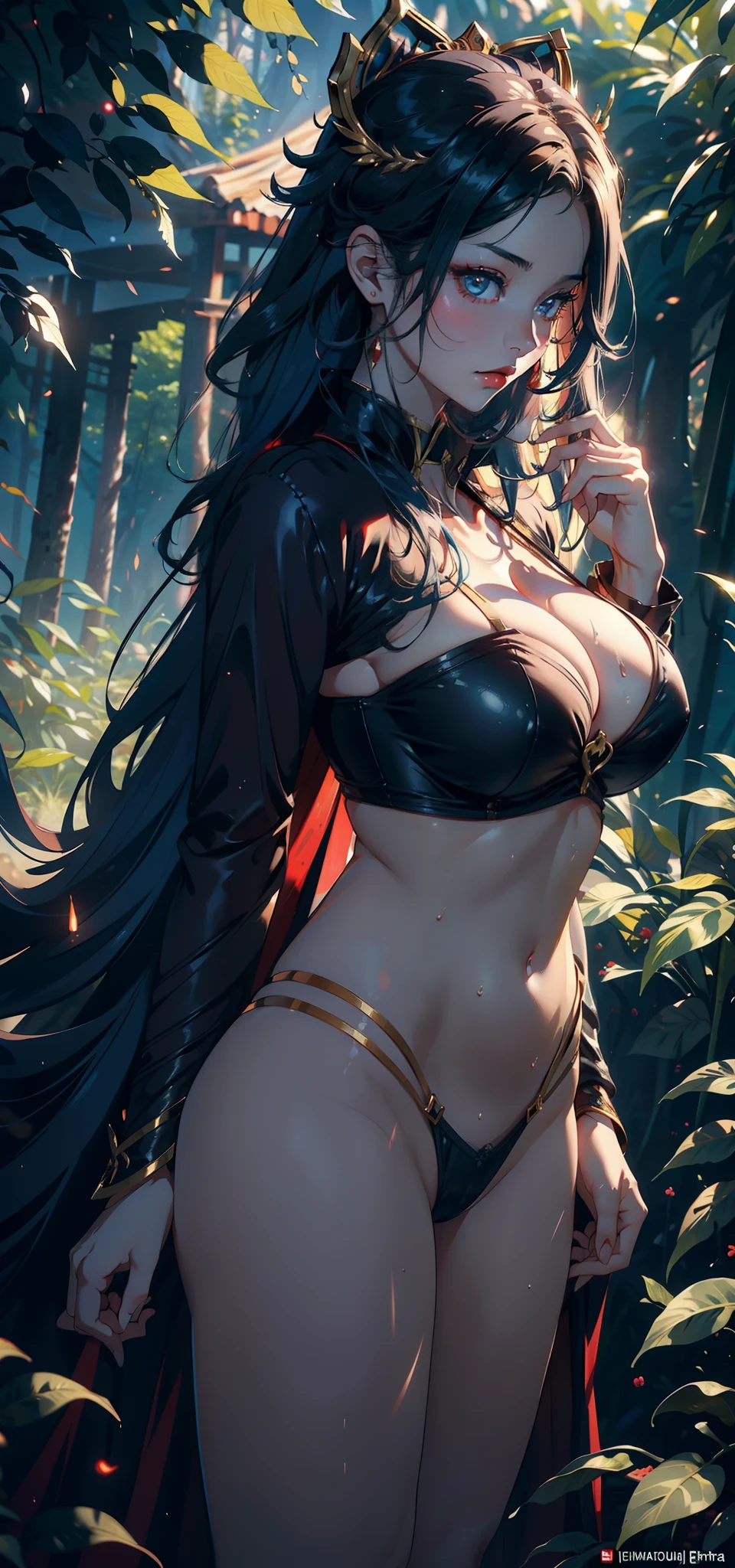1female,35yo,熟妇,Slim,Tall,gigantic cleavage breasts,Big breasts Thin waist,slenderlegs,Pornographic exposure, 独奏,(Background with:ln the forest,the rainforest,in summer) She has long blue hair,standing on your feet,Sweat profusely,drenched all over the body,seen from the front, hair straight, mostly cloudy sky,(((tmasterpiece),(Very detailed CG unity 8K wallpaper),best qualtiy,cinmatic lighting,detailed back ground,beatiful detailed eyes,Bright pupils,blue color eyes,Redlip(Very fine and beautiful),(Beautiful and detailed eye description),ultra - detailed,tmasterpiece,)),facing at camera,A high resolution,ultra - detailed),revealing breasts,Bare genitalia, Lower body elevation,Raised sexy,Camel toes,Flushed complexion,Open-mouthed,frontage,Gold Saint Seiya,A princess(Wearing:Red cloak,black colored leggings,Red loose shirt,tiara crown),