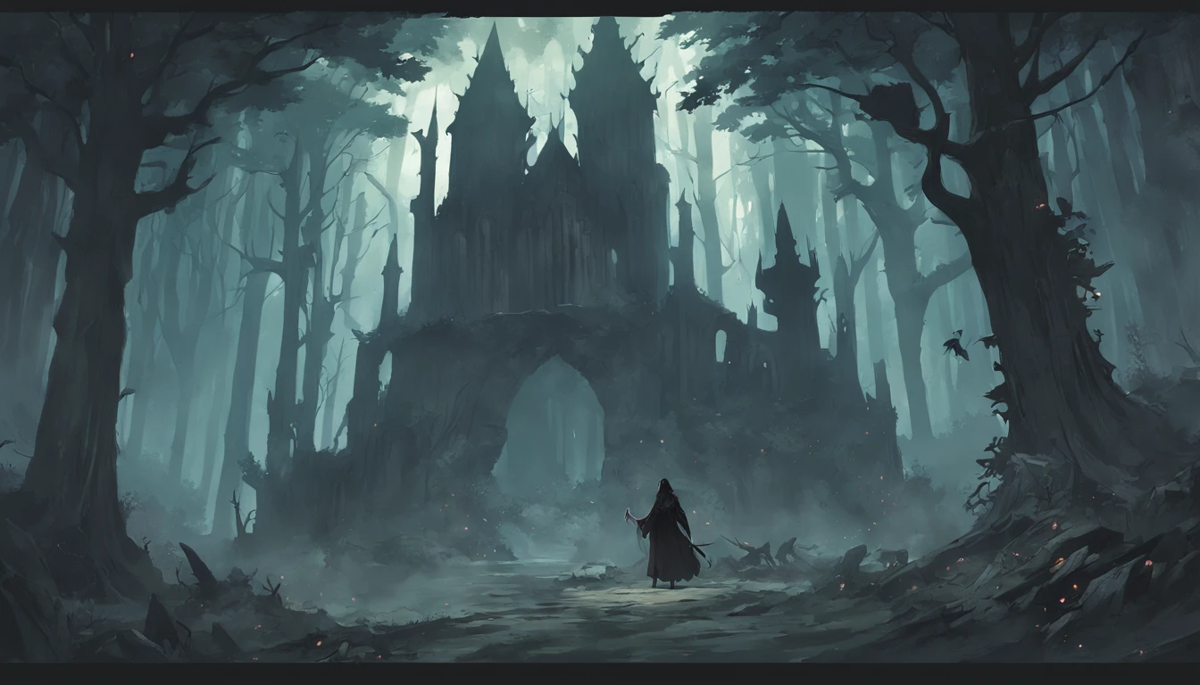 There is a magician in a forest with a full moon in the background, gothic forest, Fundo escuro da floresta, Castlevania Inspirado, Dark forest scenery, Fundo sombrio da floresta, fundo da floresta, fundo escuro da floresta pastel, inside an epic gothic forest, Castlevania, gothic forest, Epic Forest, Castelvânia, Dracula's Forest, Gothic forest in the background, fundo medieval da floresta, dark cemetery, Gothic Cemetery, ((cemetery)), ((mago)), (Pixel Art)